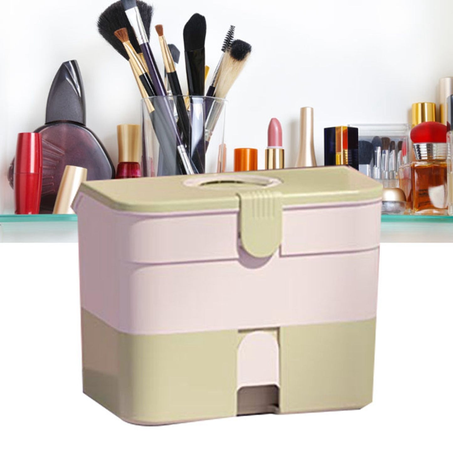 Cosmetic Storage Box 2 Layers Drawer Large Capacity Portable Makeup Storage Box with Handle for Nail Polish V1294-YM0521-3117220310313