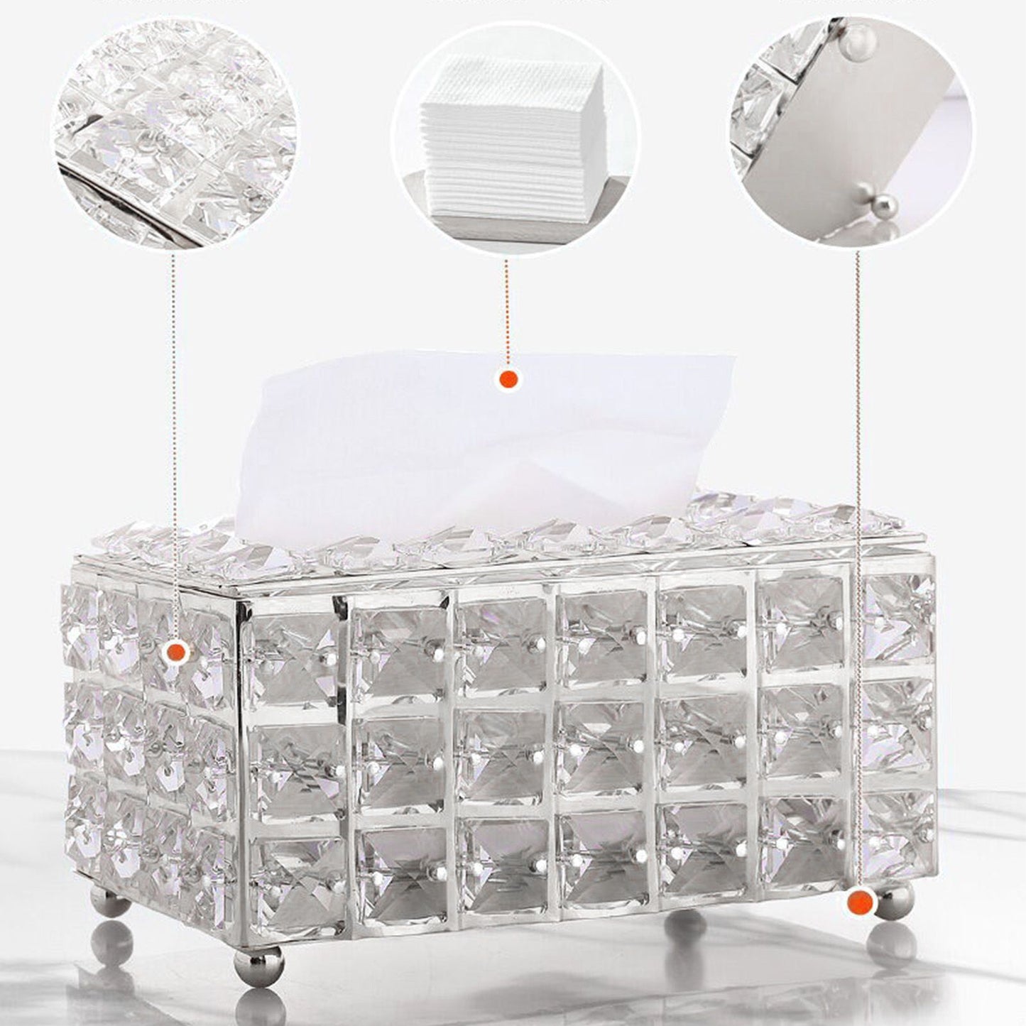 Facial Tissue Holder Light Luxury Crystal Metal Silver Tissue Dispenser Box for Living Room V1294-YM0521-3117230008311