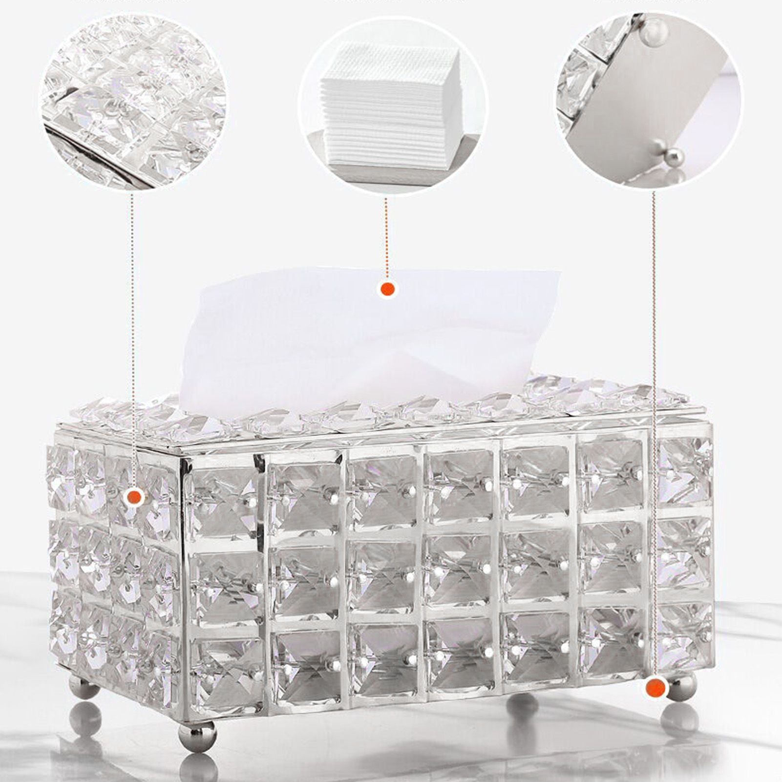 Facial Tissue Holder Light Luxury Crystal Metal Silver Tissue Dispenser Box for Living Room V1294-YM0521-3117230008311