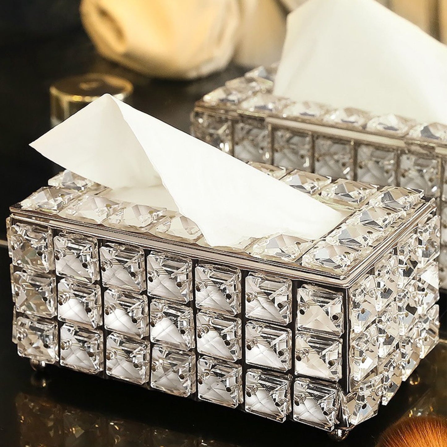 Facial Tissue Holder Light Luxury Crystal Metal Silver Tissue Dispenser Box for Living Room V1294-YM0521-3117230008311