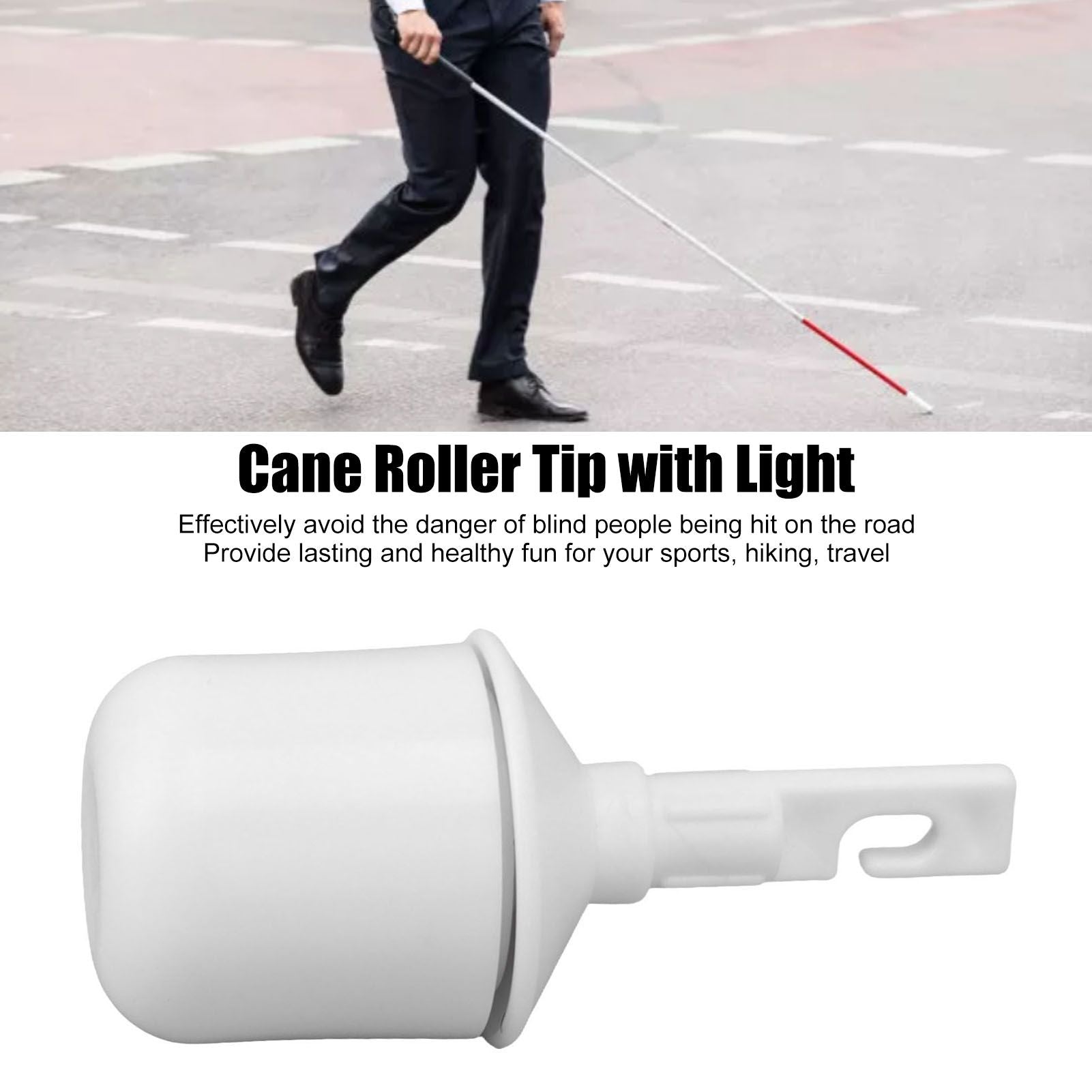 Blind Walking Cane Tip ABS Touchdown Lighting Self Standing Cane Roller Tip with Light for Travel Hiking V1294-YM0521-3117230008711