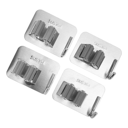4Pcs Silver Mop Broom Holder with Hook Wall Mounted 304 Stainless Steel Mop Clip Holder V1294-YM0521-3117230009711