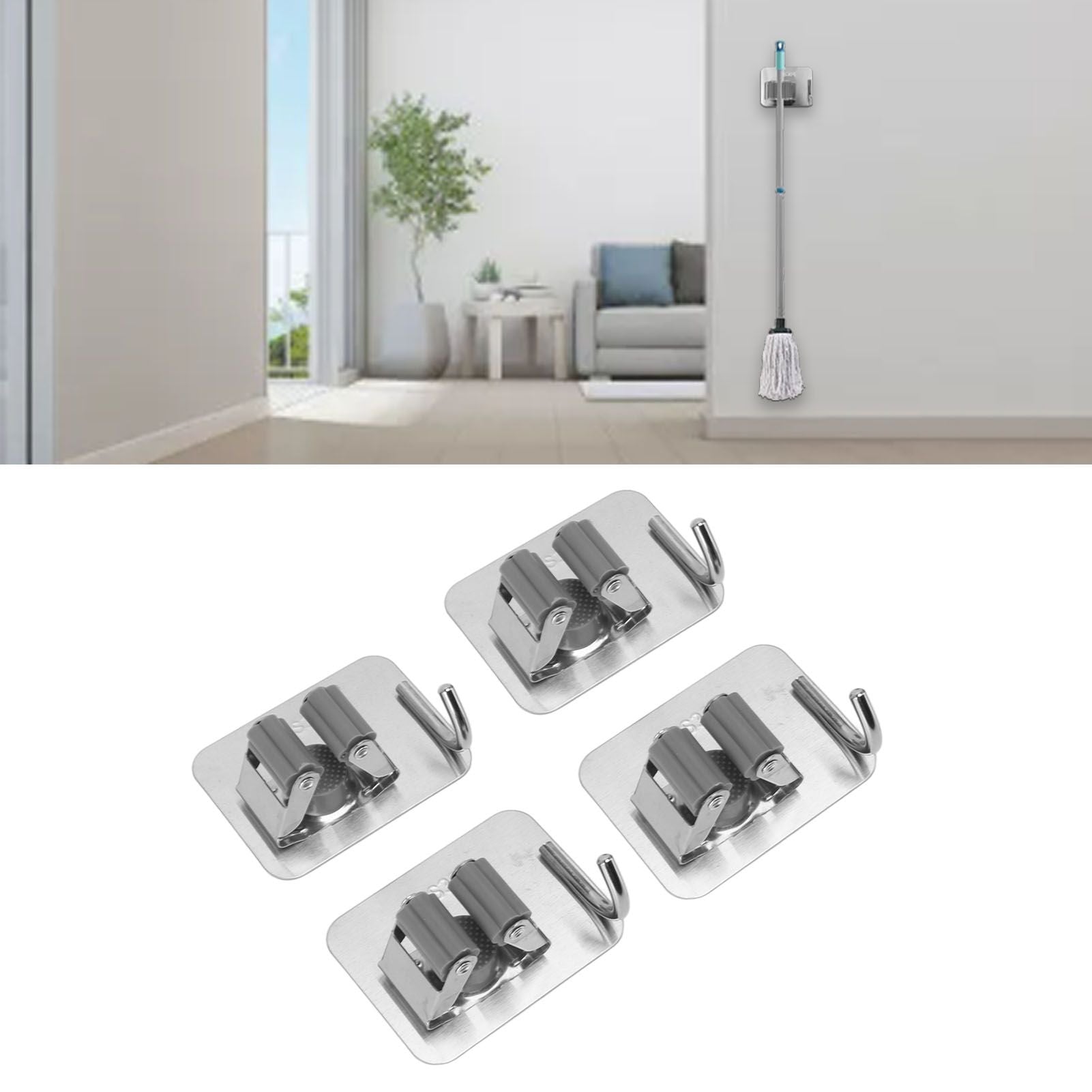 4Pcs Silver Mop Broom Holder with Hook Wall Mounted 304 Stainless Steel Mop Clip Holder V1294-YM0521-3117230009711