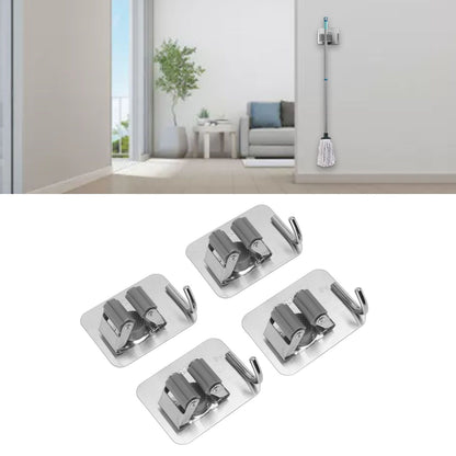 4Pcs Silver Mop Broom Holder with Hook Wall Mounted 304 Stainless Steel Mop Clip Holder V1294-YM0521-3117230009711