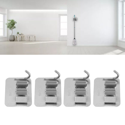 4Pcs Silver Mop Broom Holder with Hook Wall Mounted 304 Stainless Steel Mop Clip Holder V1294-YM0521-3117230009711