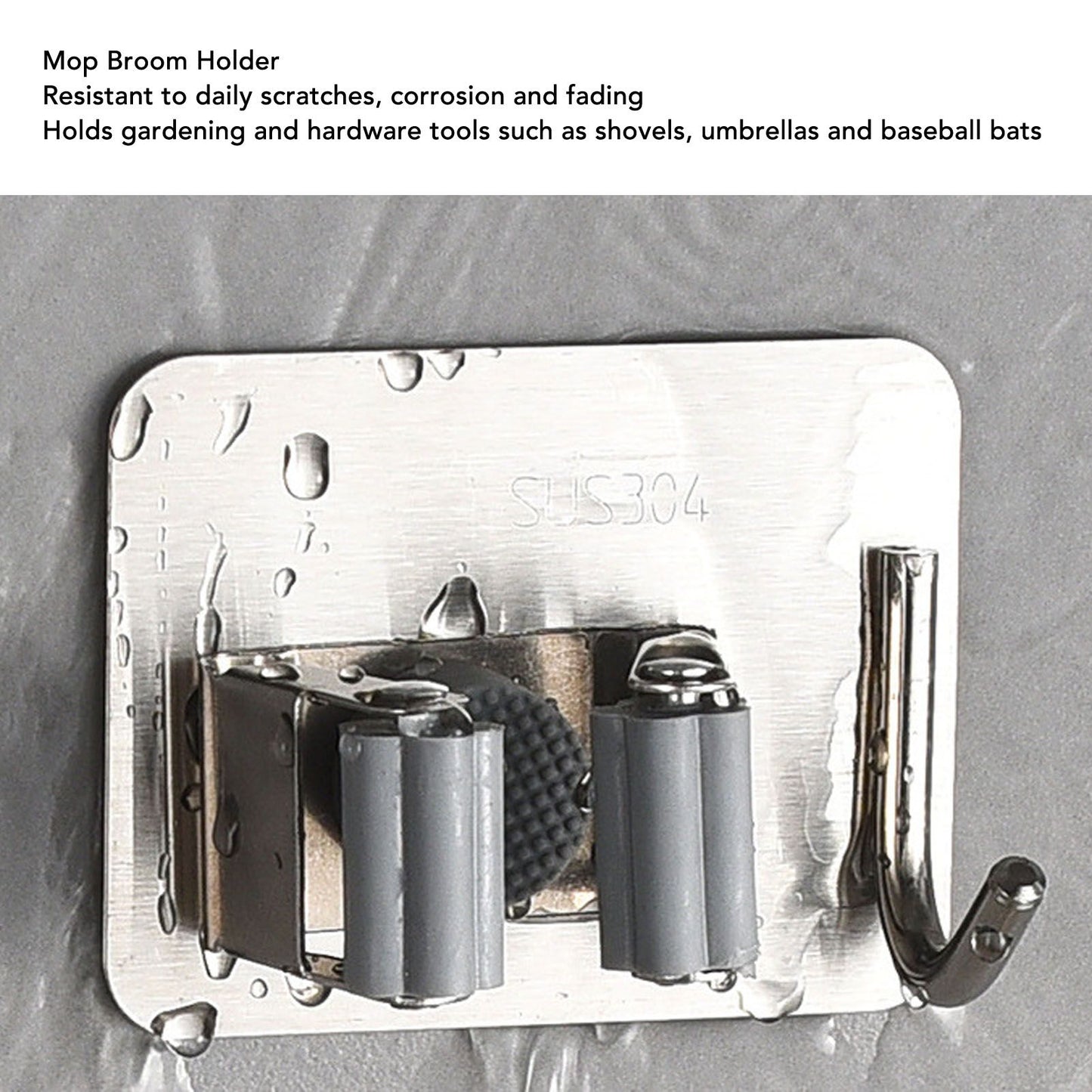 4Pcs Silver Mop Broom Holder with Hook Wall Mounted 304 Stainless Steel Mop Clip Holder V1294-YM0521-3117230009711