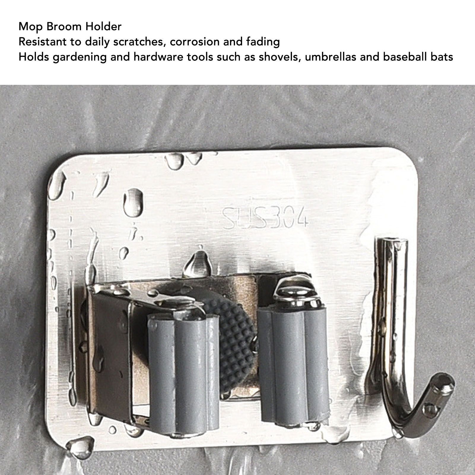 4Pcs Silver Mop Broom Holder with Hook Wall Mounted 304 Stainless Steel Mop Clip Holder V1294-YM0521-3117230009711