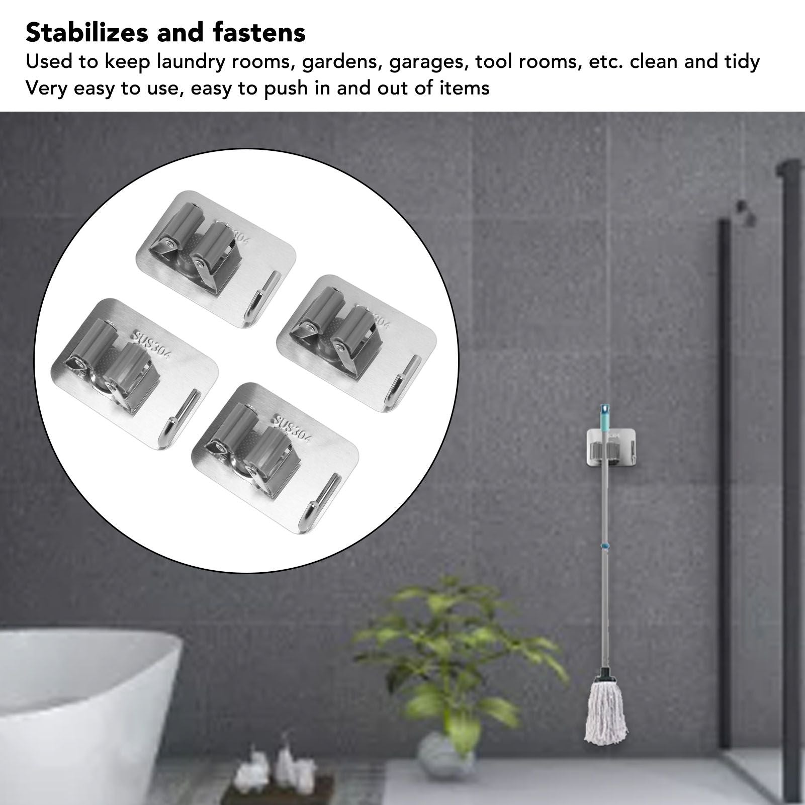 4Pcs Silver Mop Broom Holder with Hook Wall Mounted 304 Stainless Steel Mop Clip Holder V1294-YM0521-3117230009711