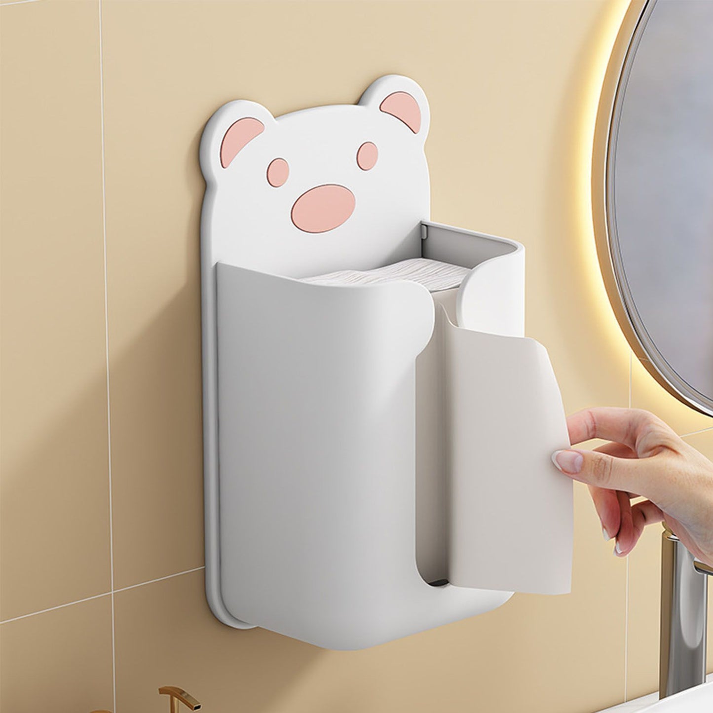 Wall Mounted Tissue Box Punching Free Cute Bear Pattern Plastic Tissue Dispenser for Home Bathroom White Bear V1294-YM0521-3117230024211