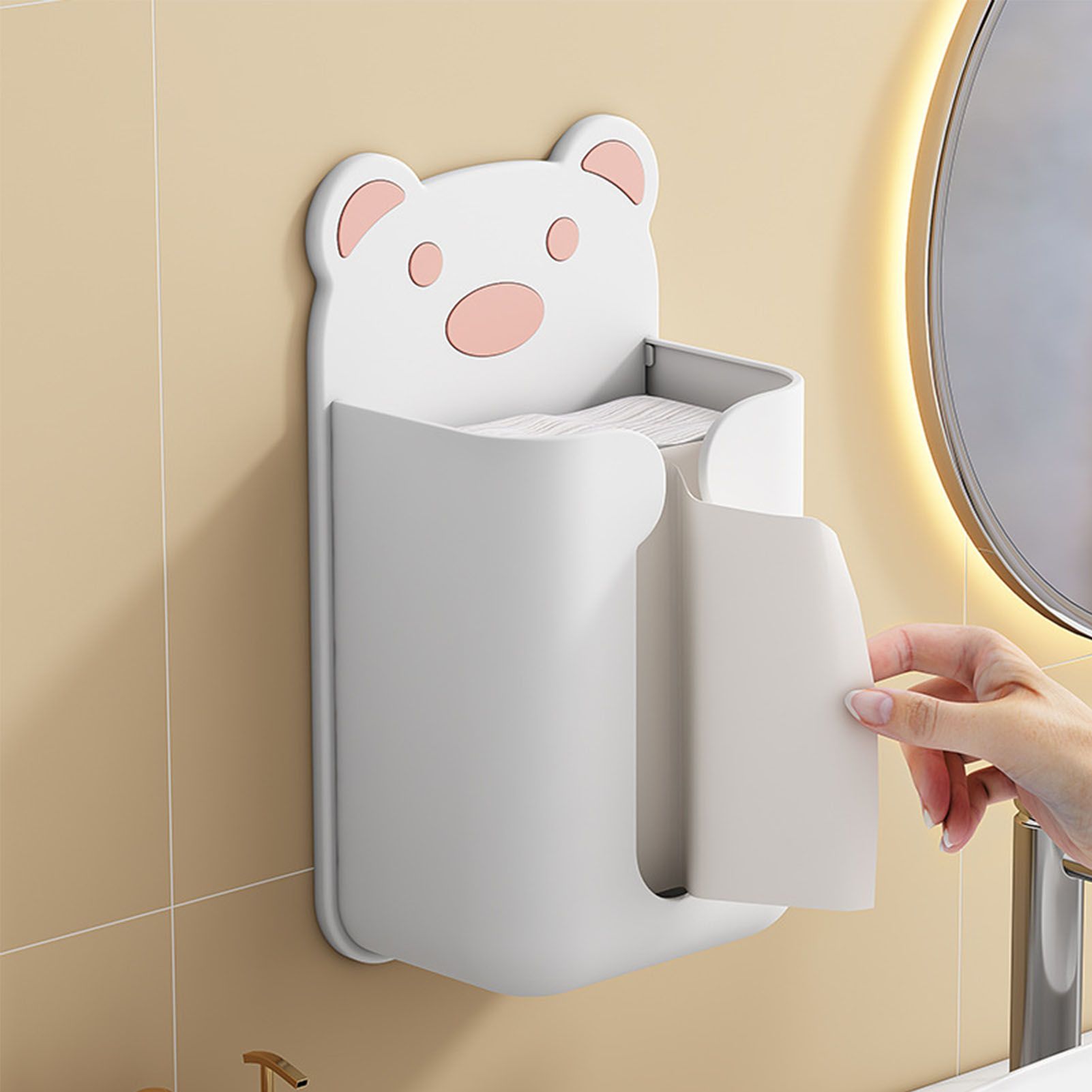 Wall Mounted Tissue Box Punching Free Cute Bear Pattern Plastic Tissue Dispenser for Home Bathroom White Bear V1294-YM0521-3117230024211