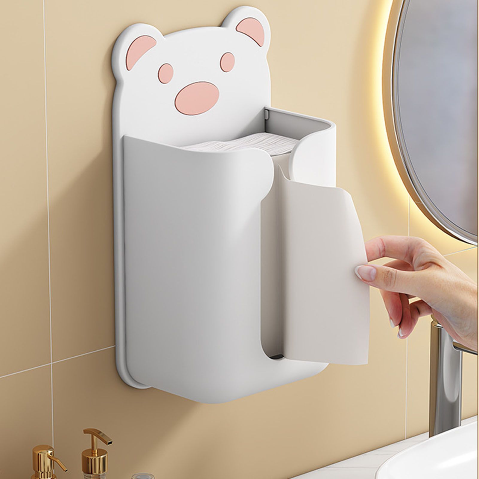 Wall Mounted Tissue Box Punching Free Cute Bear Pattern Plastic Tissue Dispenser for Home Bathroom White Bear V1294-YM0521-3117230024211
