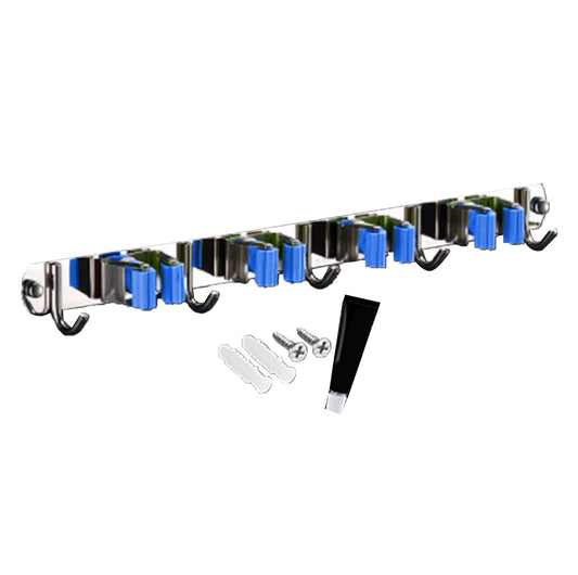 Punch Free Wall Mount Mop Broom Holder 4 Clips 5 Hooks Stainless Steel Mop Broom Holder Blue V1294-YM0521-3117230035314