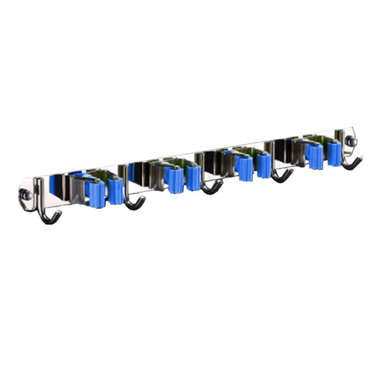 Punch Free Wall Mount Mop Broom Holder 4 Clips 5 Hooks Stainless Steel Mop Broom Holder Blue V1294-YM0521-3117230035314
