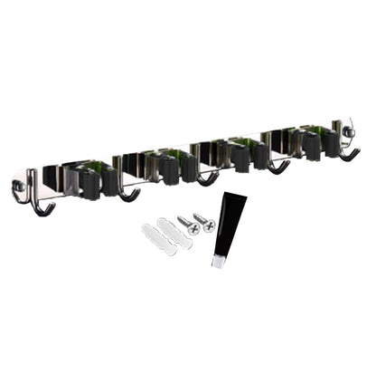 Punch Free Wall Mount Mop Broom Holder 4 Clips 5 Hooks Stainless Steel Mop Broom Holder Black V1294-YM0521-3117230035315