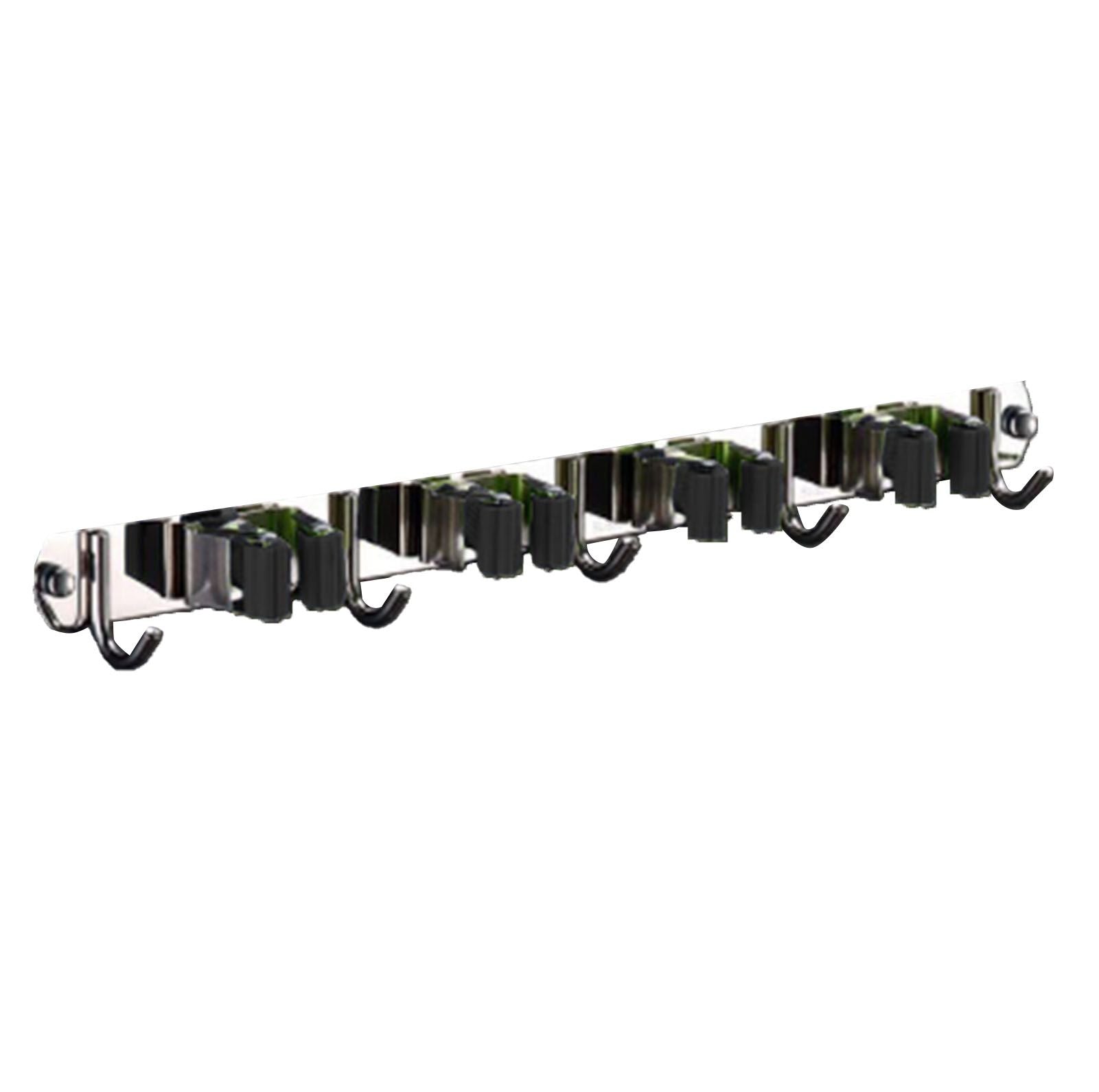 Punch Free Wall Mount Mop Broom Holder 4 Clips 5 Hooks Stainless Steel Mop Broom Holder Black V1294-YM0521-3117230035315