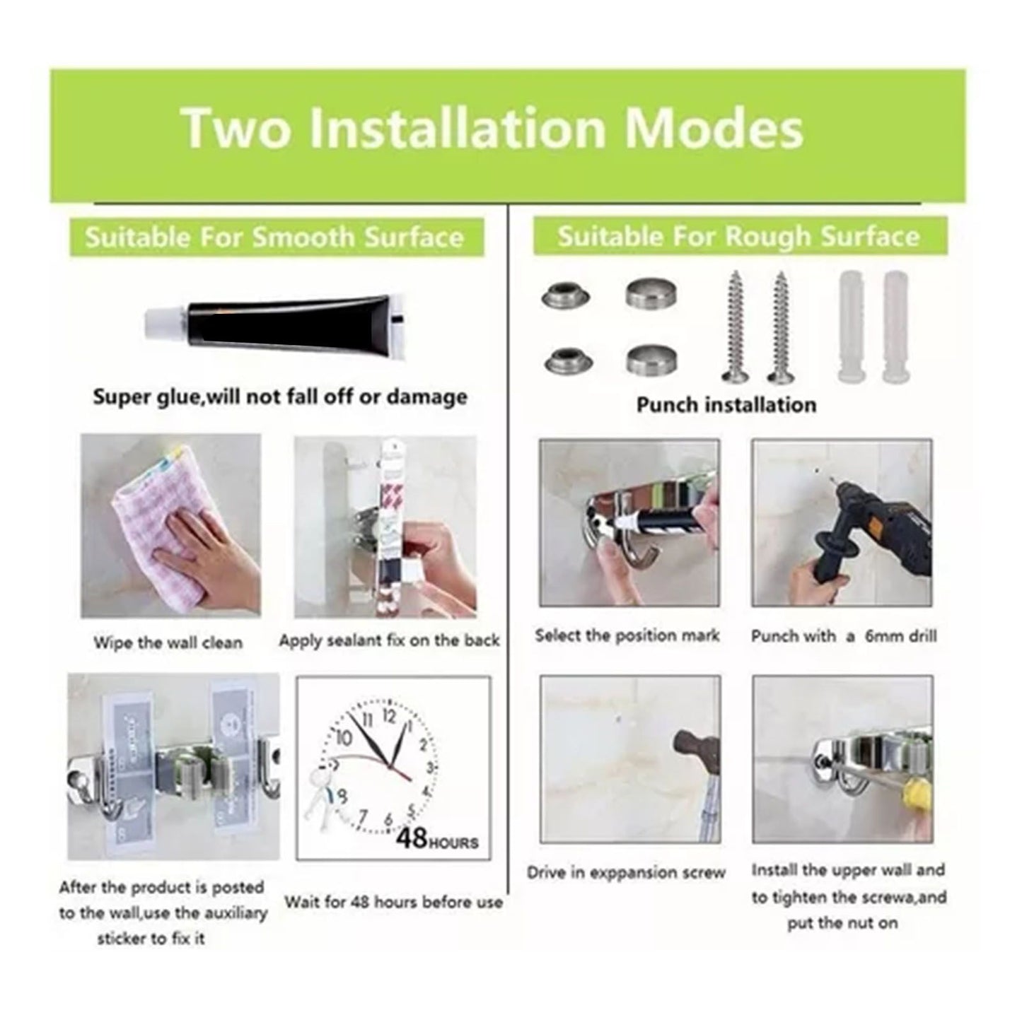 Punch Free Wall Mount Mop Broom Holder 4 Clips 5 Hooks Stainless Steel Mop Broom Holder Black V1294-YM0521-3117230035315