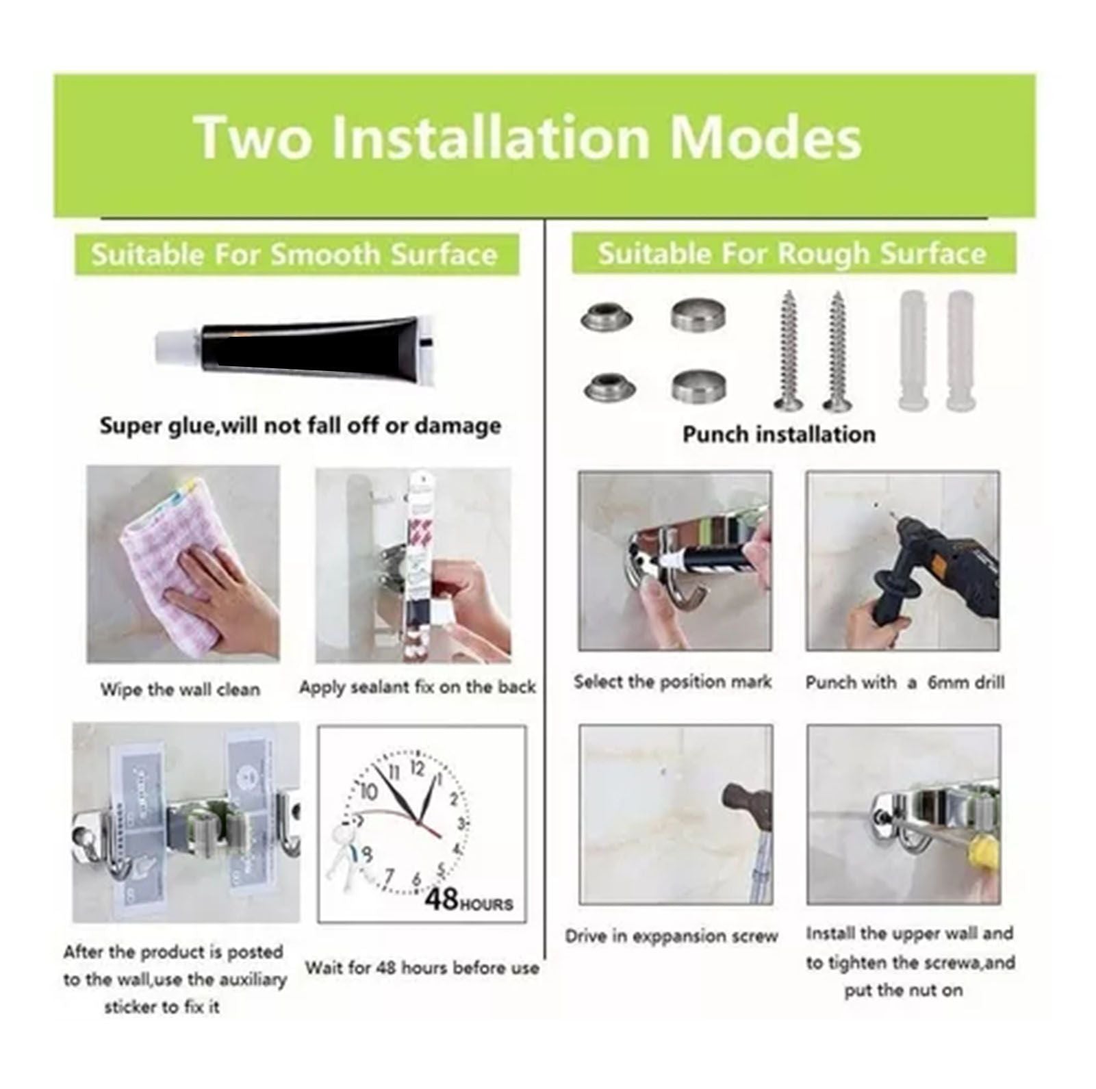 Punch Free Wall Mount Mop Broom Holder 4 Clips 5 Hooks Stainless Steel Mop Broom Holder Black V1294-YM0521-3117230035315