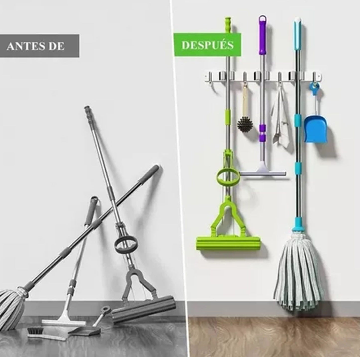 Punch Free Wall Mount Mop Broom Holder 4 Clips 5 Hooks Stainless Steel Mop Broom Holder Black V1294-YM0521-3117230035315