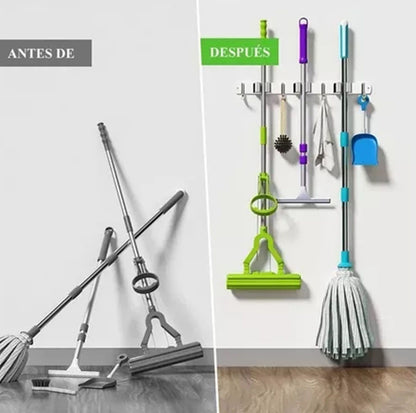 Punch Free Wall Mount Mop Broom Holder 4 Clips 5 Hooks Stainless Steel Mop Broom Holder Black V1294-YM0521-3117230035315