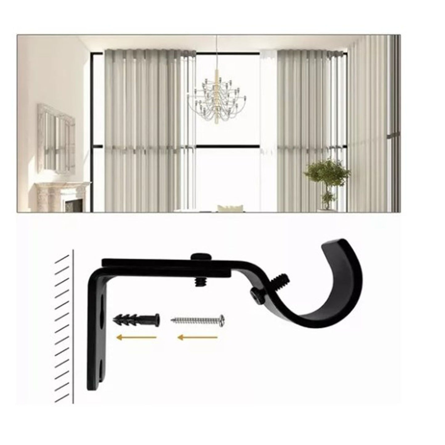 3PCS Adjustable Curtain Rod Brackets Iron Curtain Rod Support Hanger for Wall Black V1294-YM0521-3117230040311