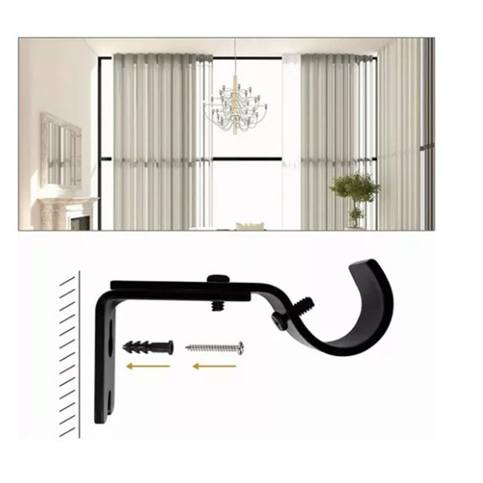 3PCS Adjustable Curtain Rod Brackets Iron Curtain Rod Support Hanger for Wall Black V1294-YM0521-3117230040311