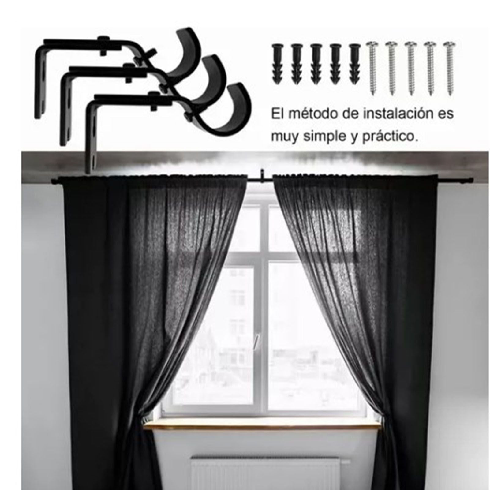 3PCS Adjustable Curtain Rod Brackets Iron Curtain Rod Support Hanger for Wall Black V1294-YM0521-3117230040311