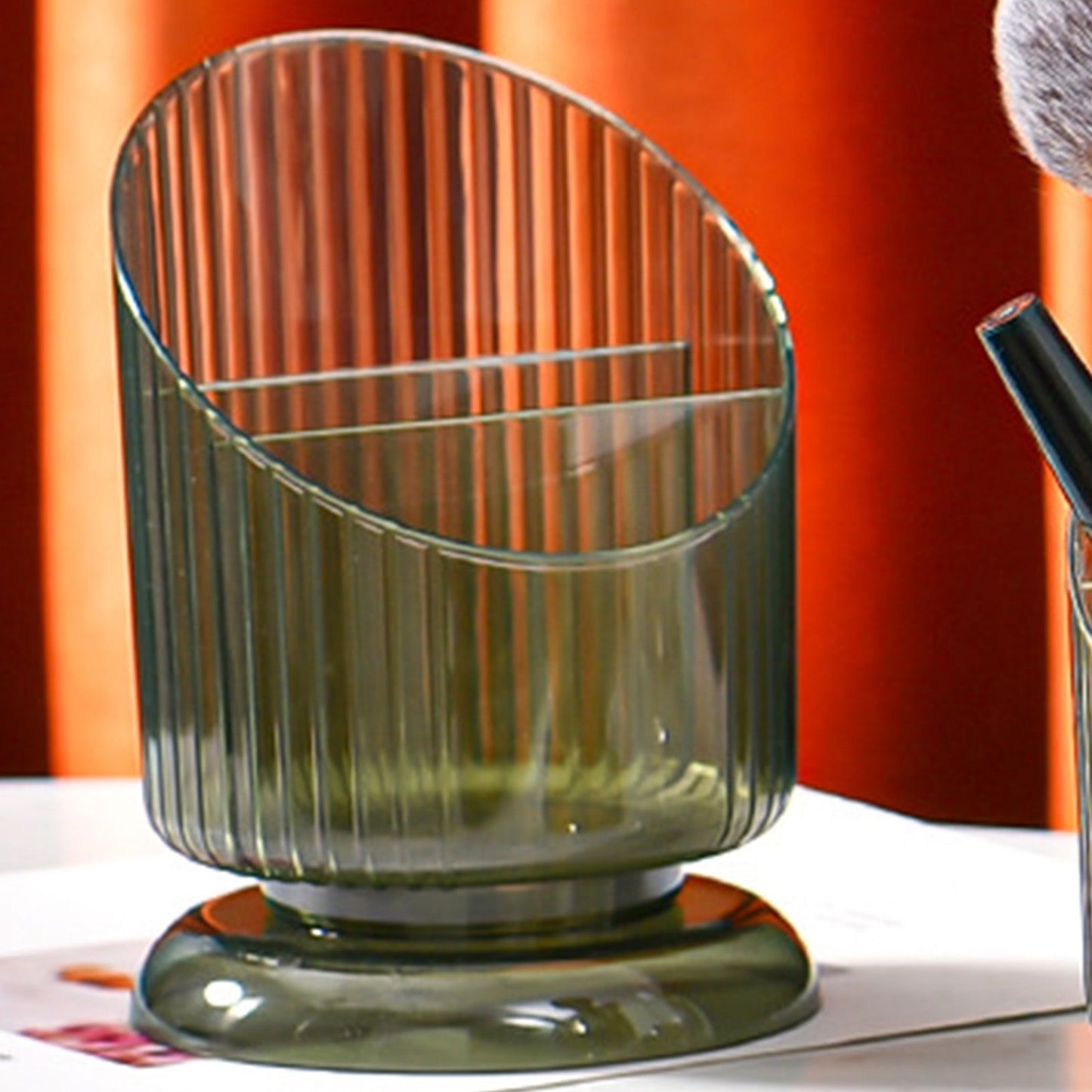 Makeup Brush Holder Organizer Plastic Transparent Round Makeup Brush Storage Holder Cup for Pen Pencil Green V1294-YM0521-3117230041811