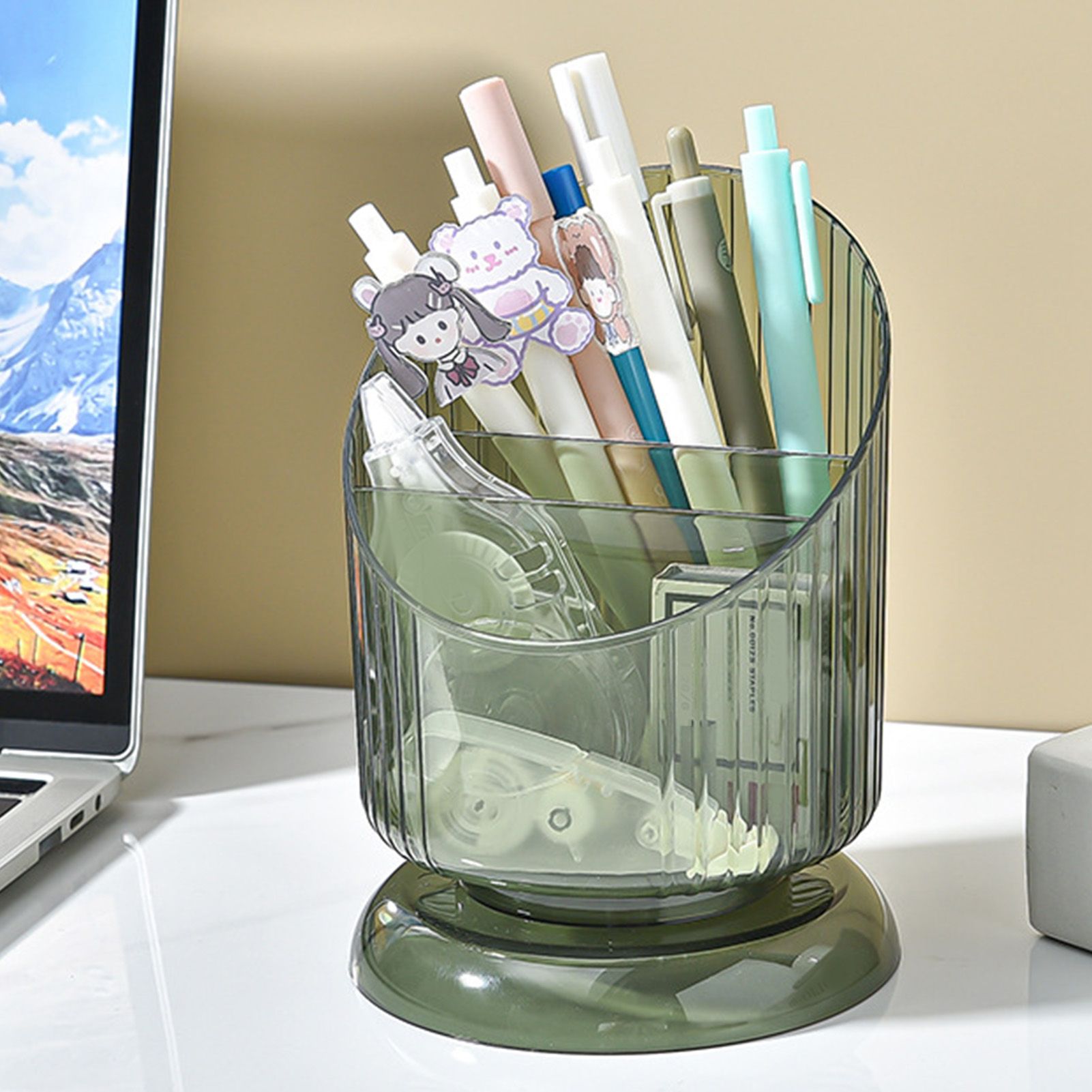Makeup Brush Holder Organizer Plastic Transparent Round Makeup Brush Storage Holder Cup for Pen Pencil Green V1294-YM0521-3117230041811