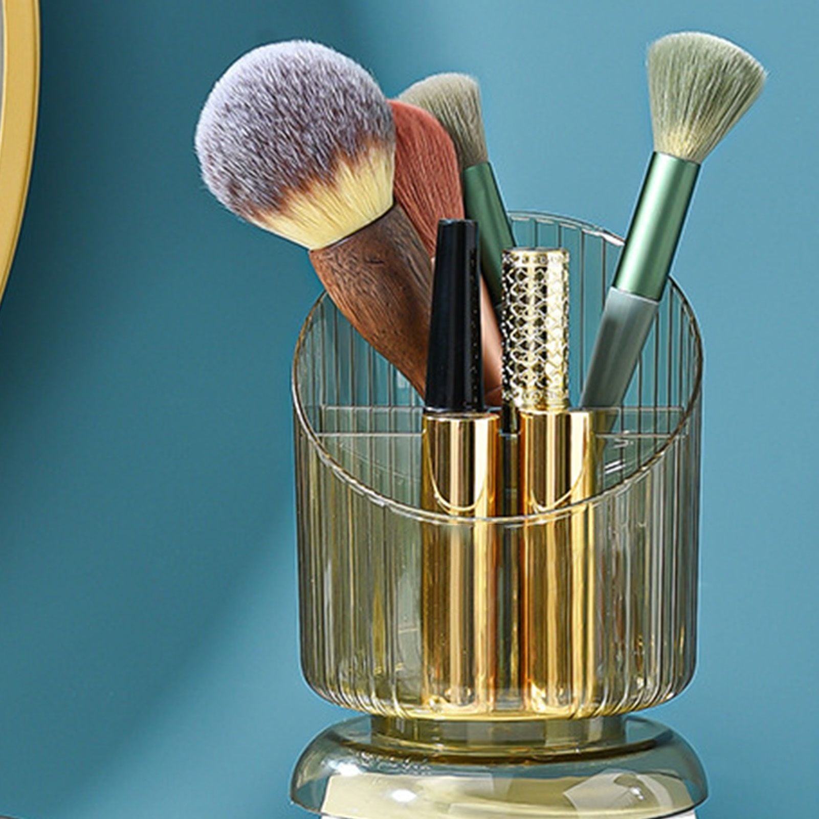 Makeup Brush Holder Organizer Plastic Transparent Round Makeup Brush Storage Holder Cup for Pen Pencil Green V1294-YM0521-3117230041811