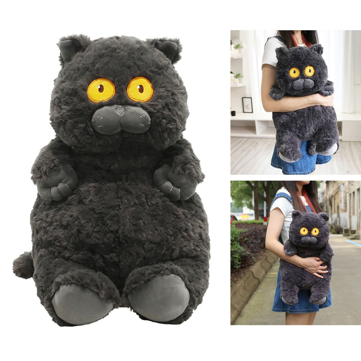 Cat Plush Toy Cute Soft Skin Friendly Fluffy Staring Short Plush Cat Hugging Sleeping Pillow for Home Black V1294-YM0521-3117230043011