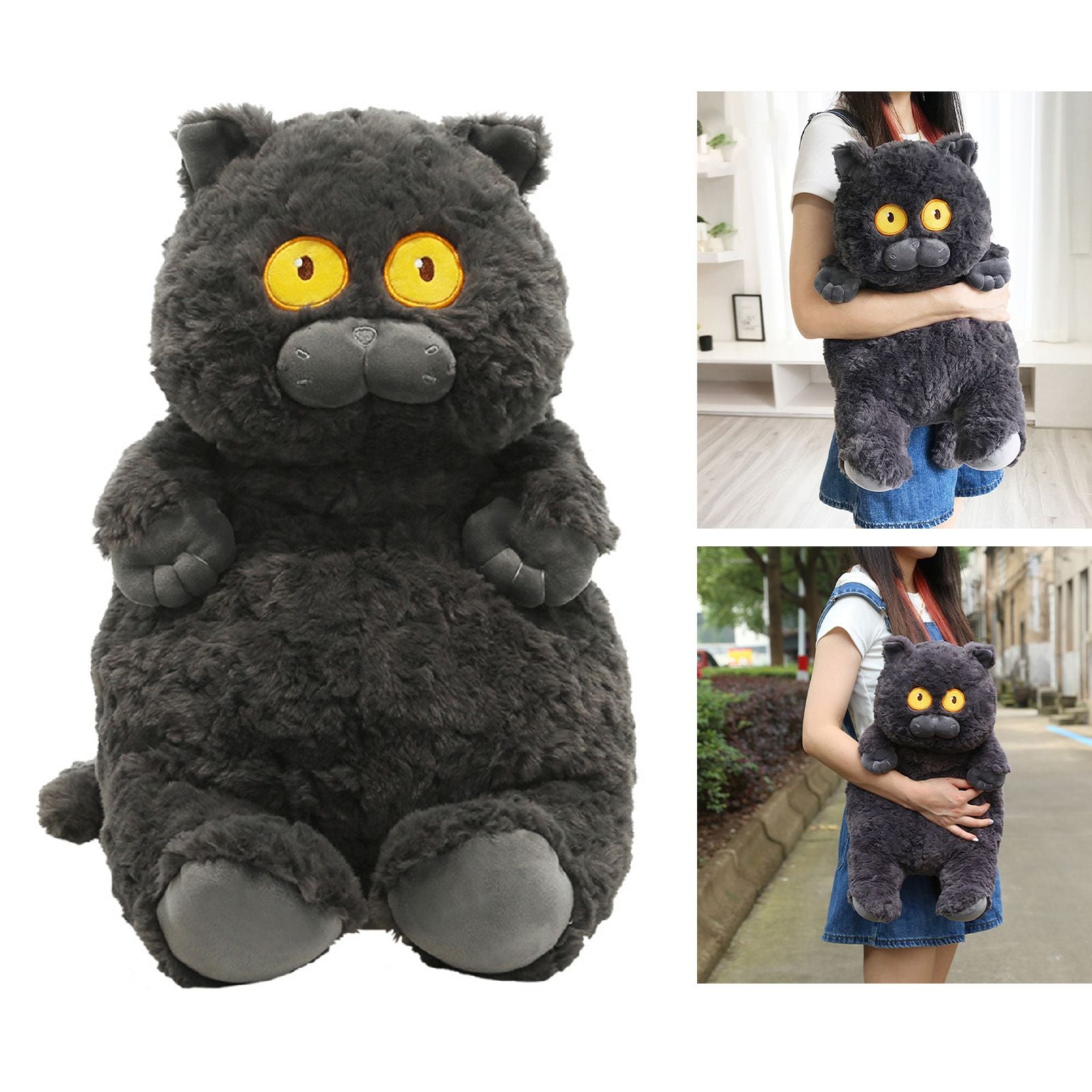 Cat Plush Toy Cute Soft Skin Friendly Fluffy Staring Short Plush Cat Hugging Sleeping Pillow for Home Black V1294-YM0521-3117230043011