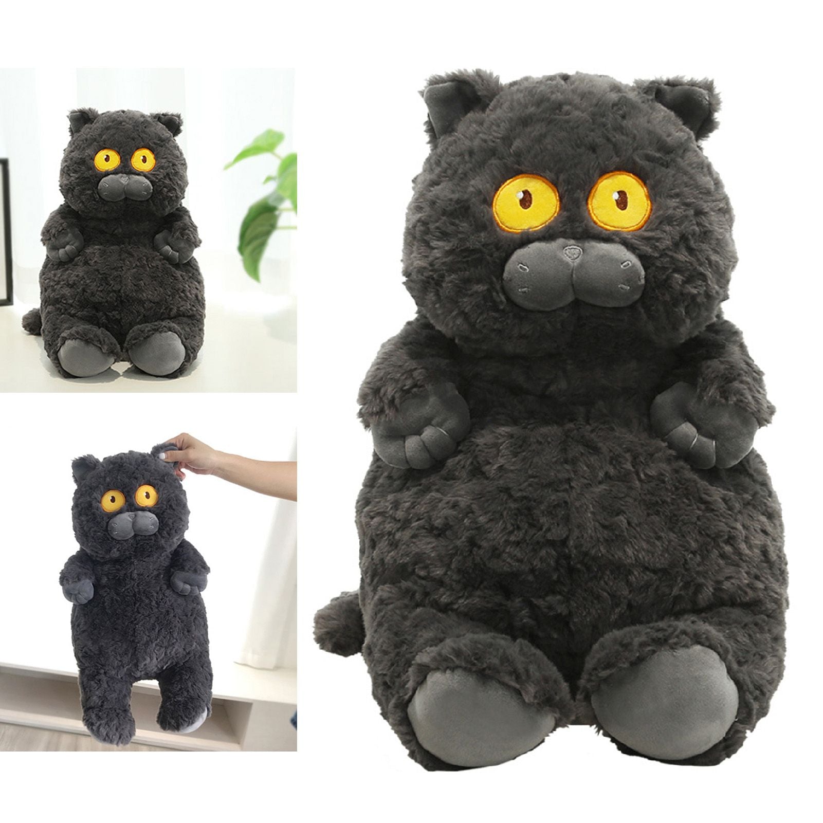 Cat Plush Toy Cute Soft Skin Friendly Fluffy Staring Short Plush Cat Hugging Sleeping Pillow for Home Black V1294-YM0521-3117230043011
