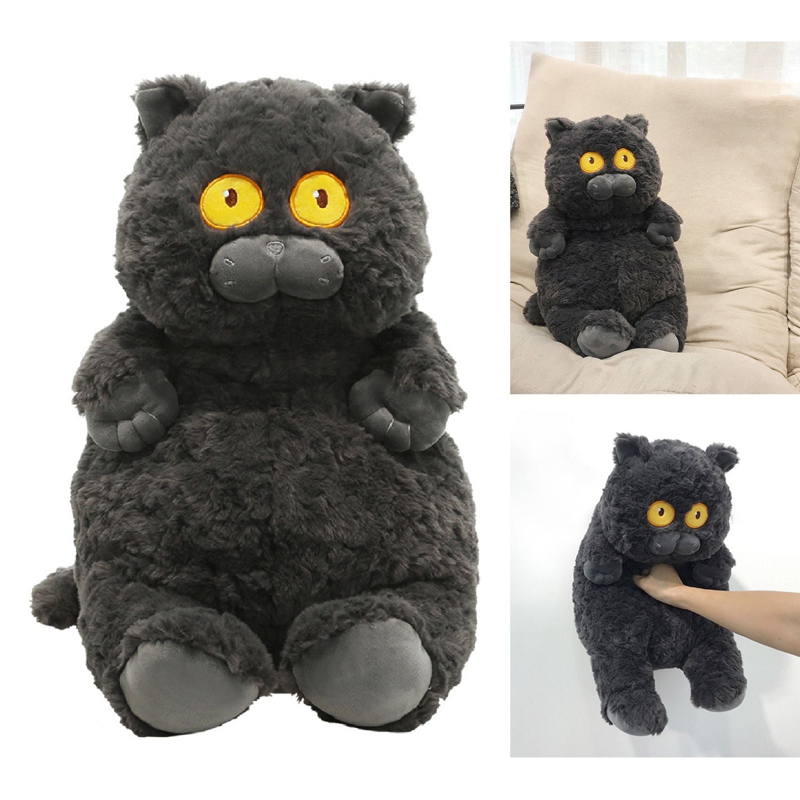 Cat Plush Toy Cute Soft Skin Friendly Fluffy Staring Short Plush Cat Hugging Sleeping Pillow for Home Black V1294-YM0521-3117230043011