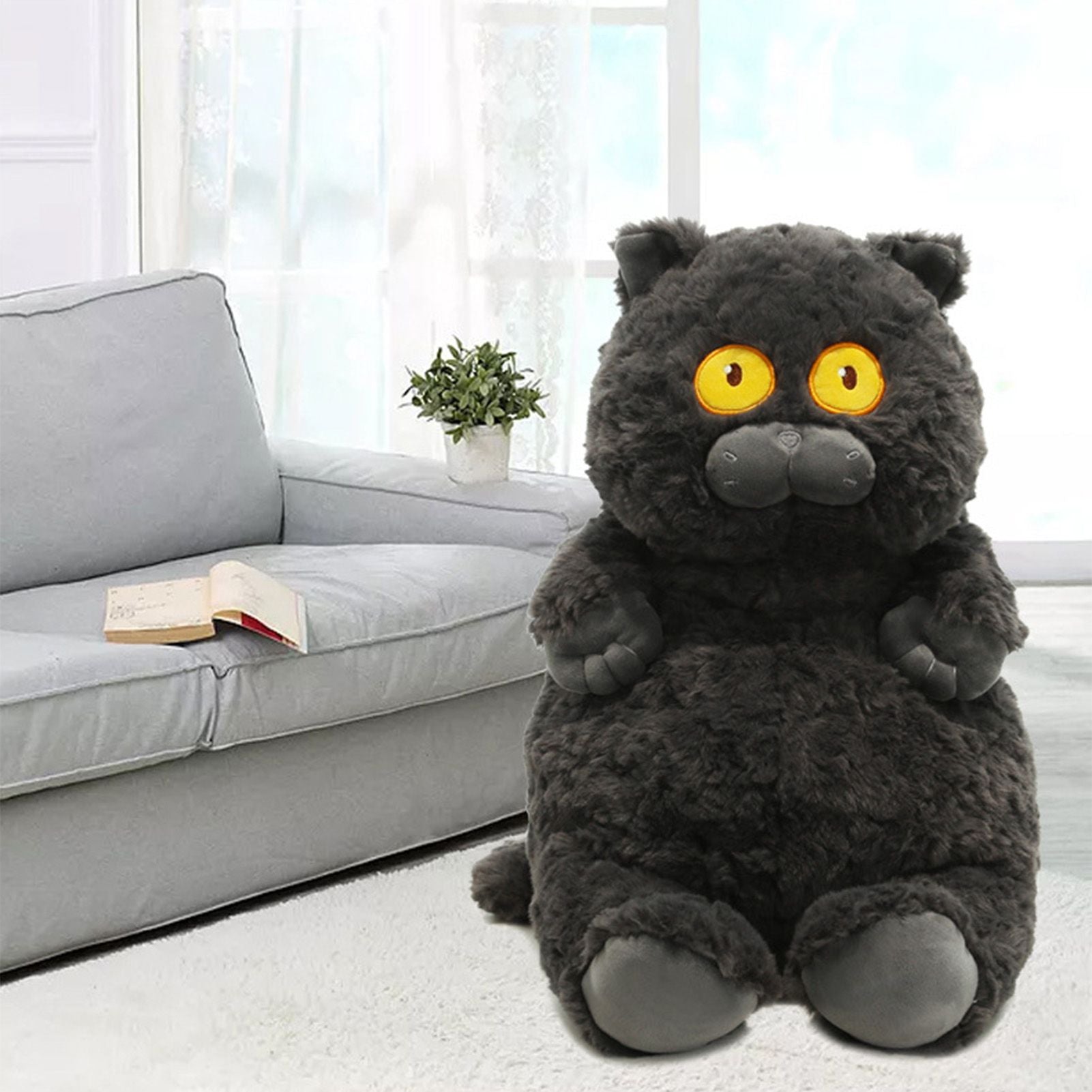 Cat Plush Toy Cute Soft Skin Friendly Fluffy Staring Short Plush Cat Hugging Sleeping Pillow for Home Black V1294-YM0521-3117230043011