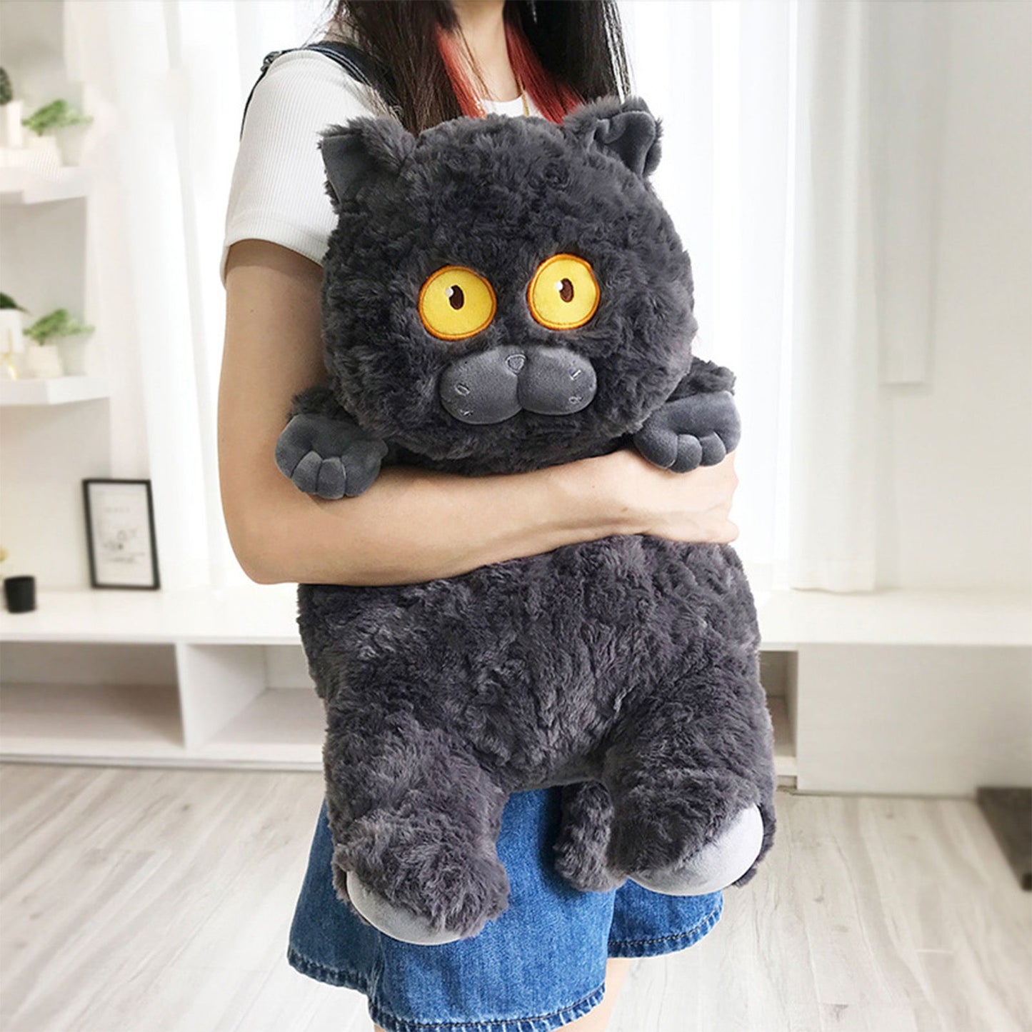 Cat Plush Toy Cute Soft Skin Friendly Fluffy Staring Short Plush Cat Hugging Sleeping Pillow for Home Black V1294-YM0521-3117230043011