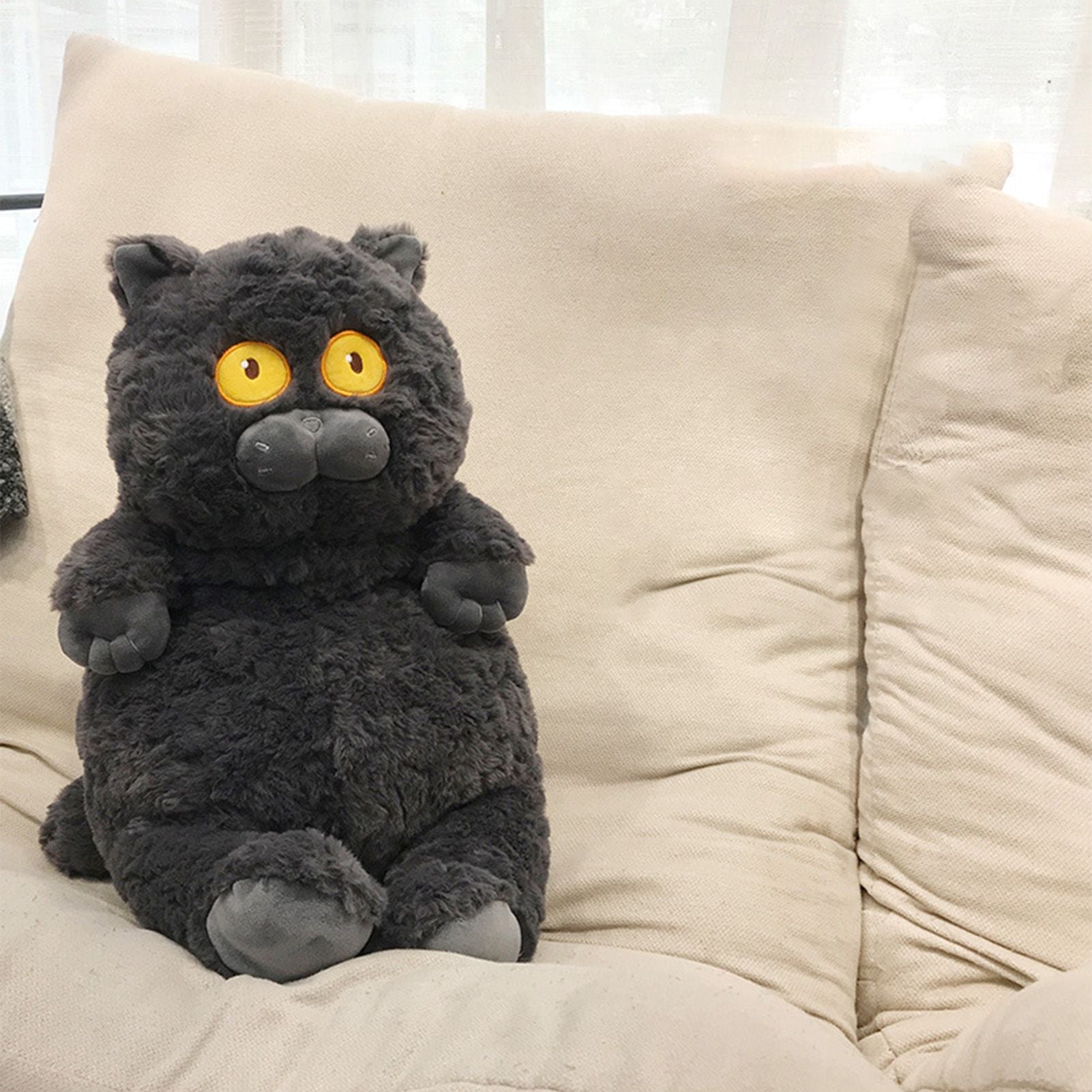 Cat Plush Toy Cute Soft Skin Friendly Fluffy Staring Short Plush Cat Hugging Sleeping Pillow for Home Black V1294-YM0521-3117230043011
