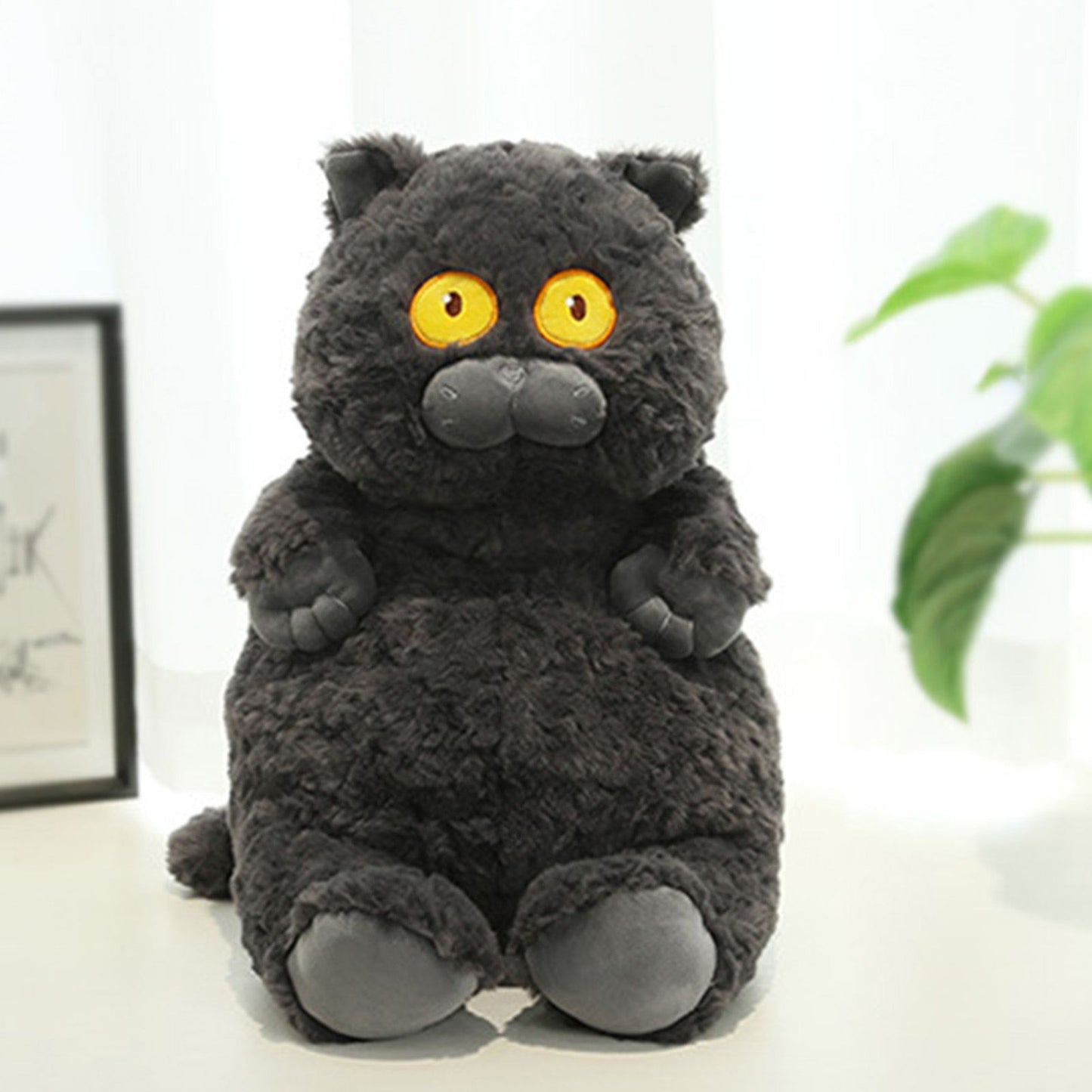 Cat Plush Toy Cute Soft Skin Friendly Fluffy Staring Short Plush Cat Hugging Sleeping Pillow for Home Black V1294-YM0521-3117230043011