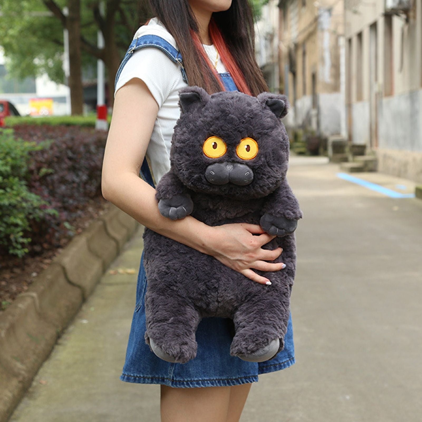 Cat Plush Toy Cute Soft Skin Friendly Fluffy Staring Short Plush Cat Hugging Sleeping Pillow for Home Black V1294-YM0521-3117230043011