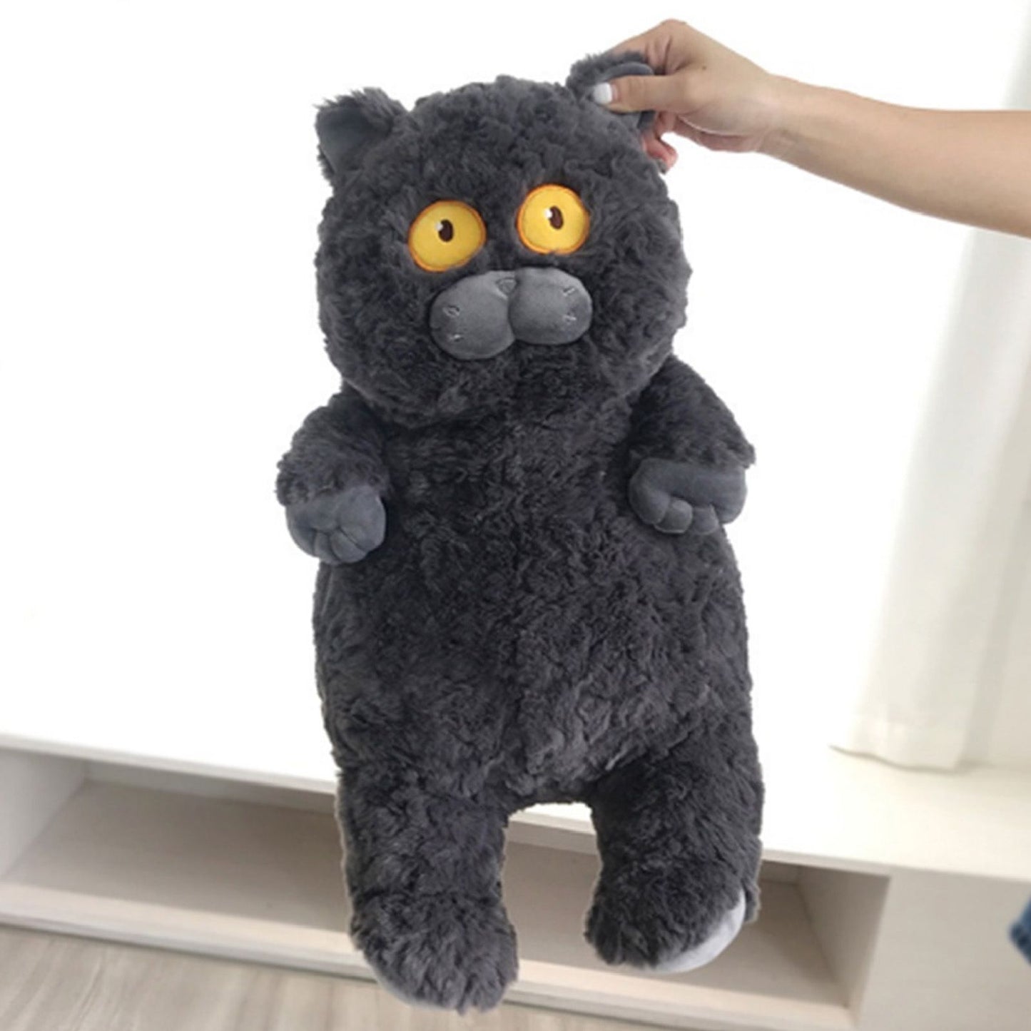 Cat Plush Toy Cute Soft Skin Friendly Fluffy Staring Short Plush Cat Hugging Sleeping Pillow for Home Black V1294-YM0521-3117230043011