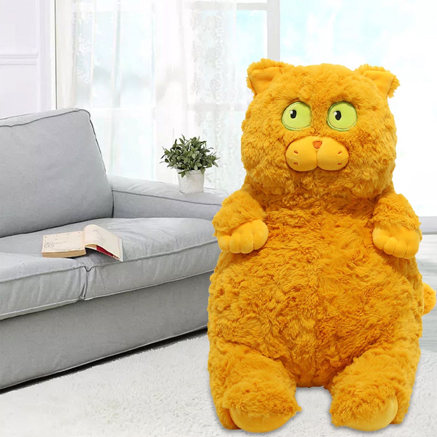 Cat Plush Toy Cute Soft Skin Friendly Fluffy Staring Short Plush Cat Hugging Sleeping Pillow for Home Brown V1294-YM0521-3117230043013