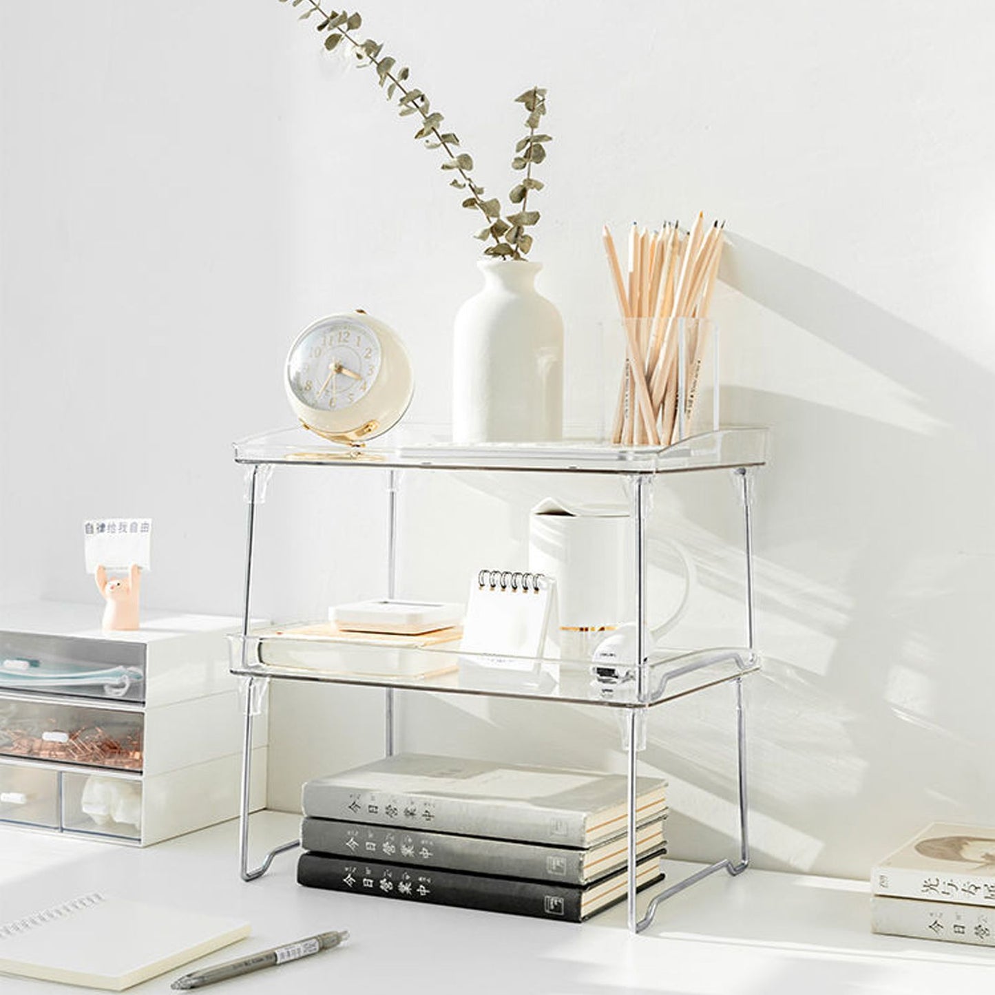 Stackable Clear Organizer Plastic Transparent Tabletop Storage Rack for Makeup Kitchen Tool Stationery One V1294-YM0521-3117230043811