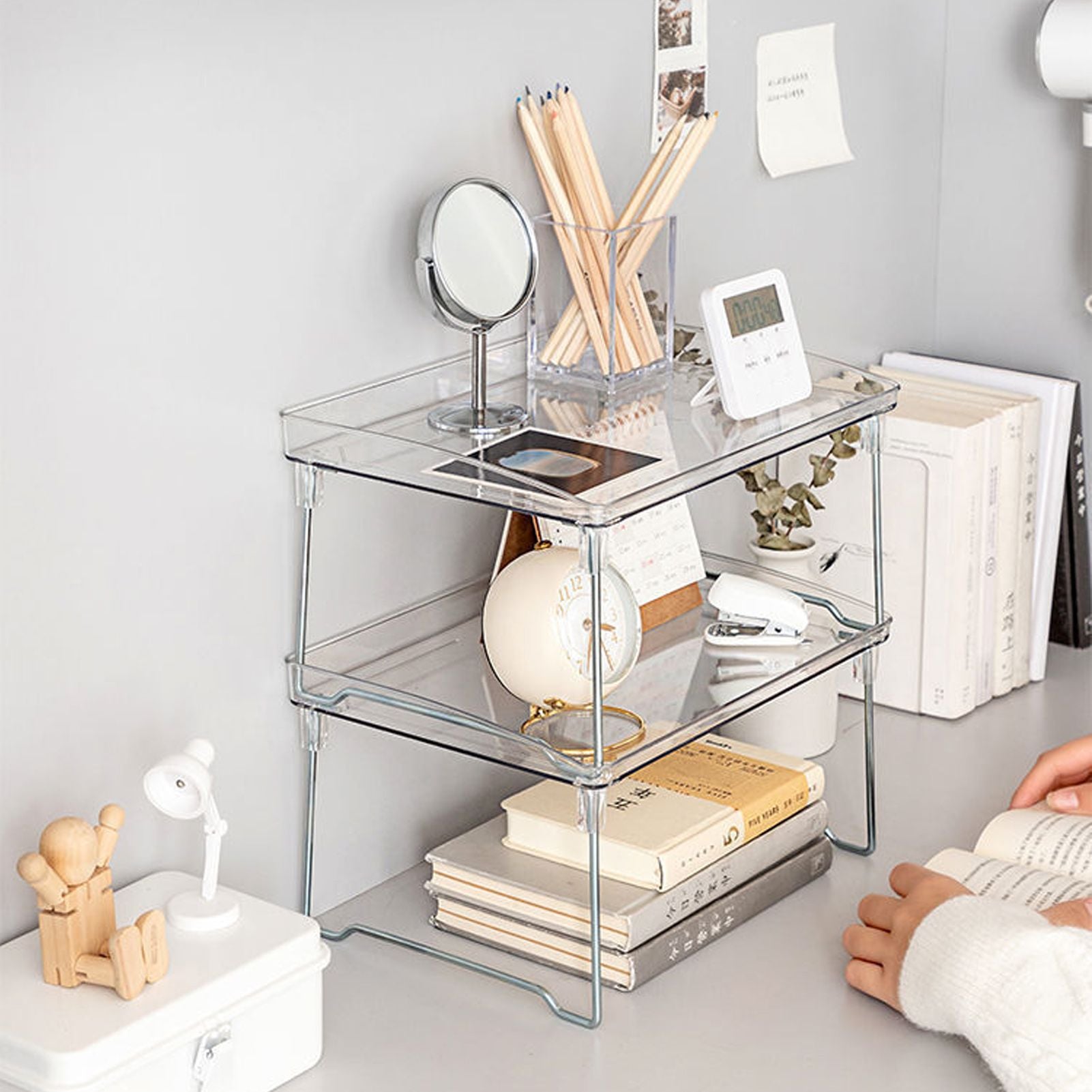 Stackable Clear Organizer Plastic Transparent Tabletop Storage Rack for Makeup Kitchen Tool Stationery One V1294-YM0521-3117230043811