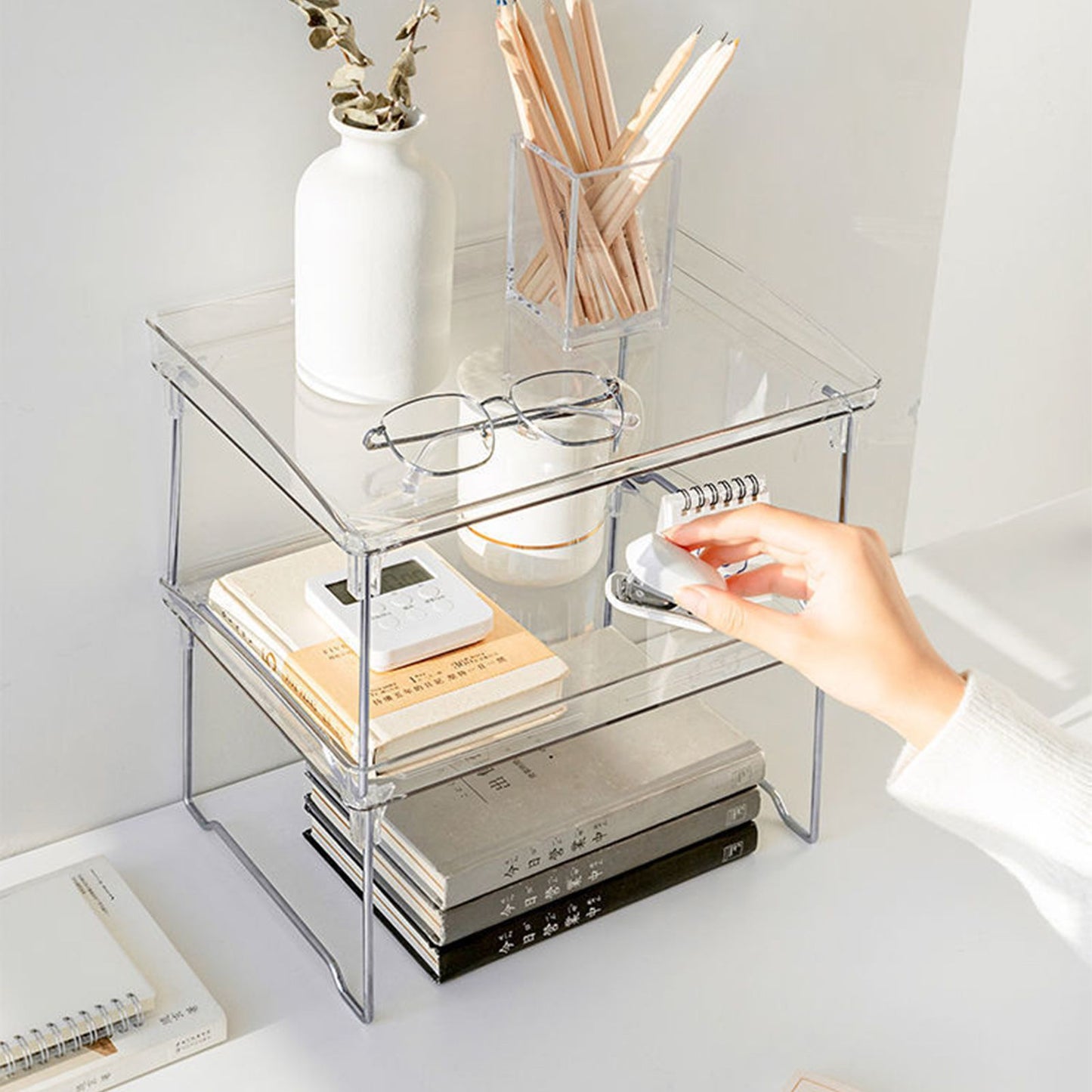 Stackable Clear Organizer Plastic Transparent Tabletop Storage Rack for Makeup Kitchen Tool Stationery One V1294-YM0521-3117230043811