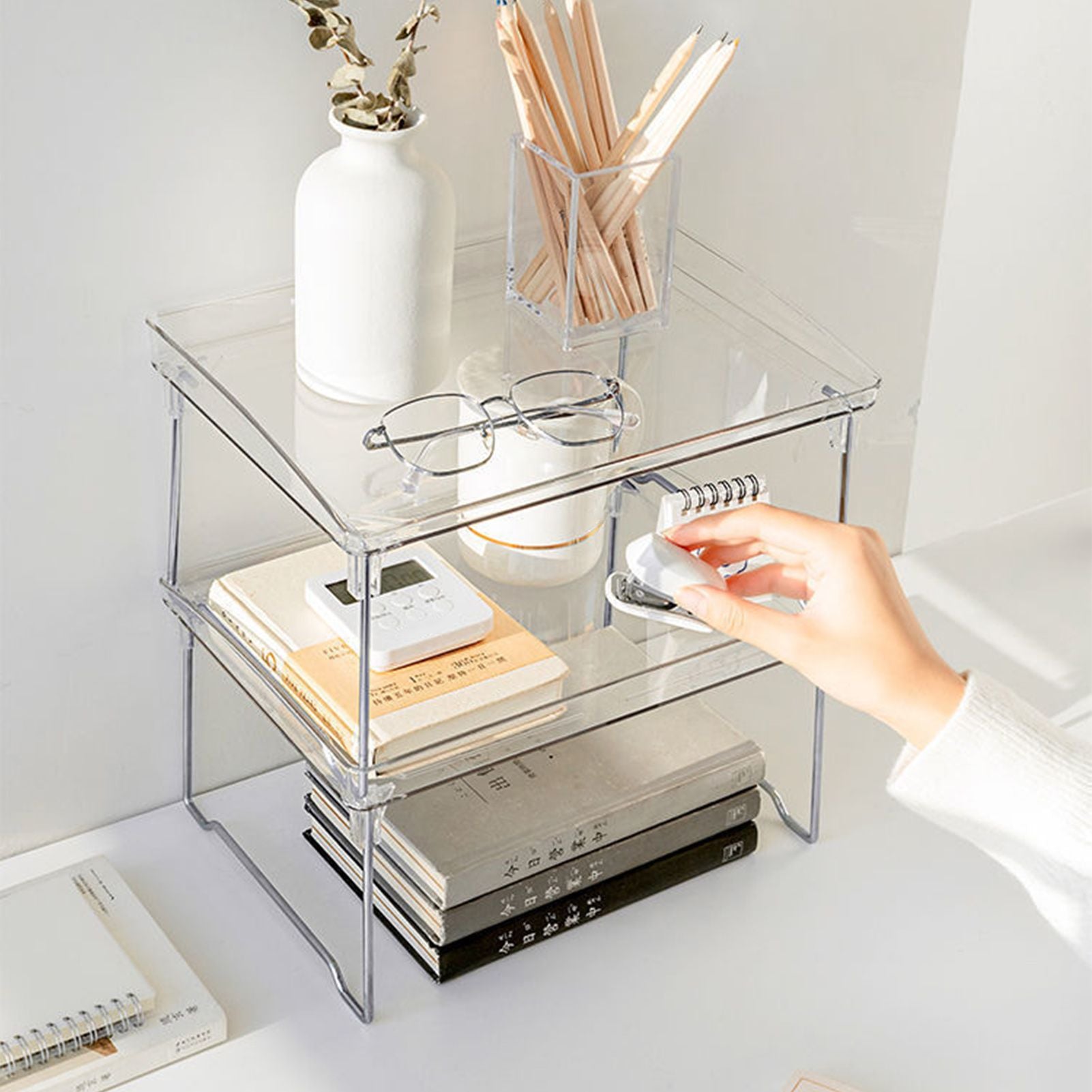 Stackable Clear Organizer Plastic Transparent Tabletop Storage Rack for Makeup Kitchen Tool Stationery One V1294-YM0521-3117230043811
