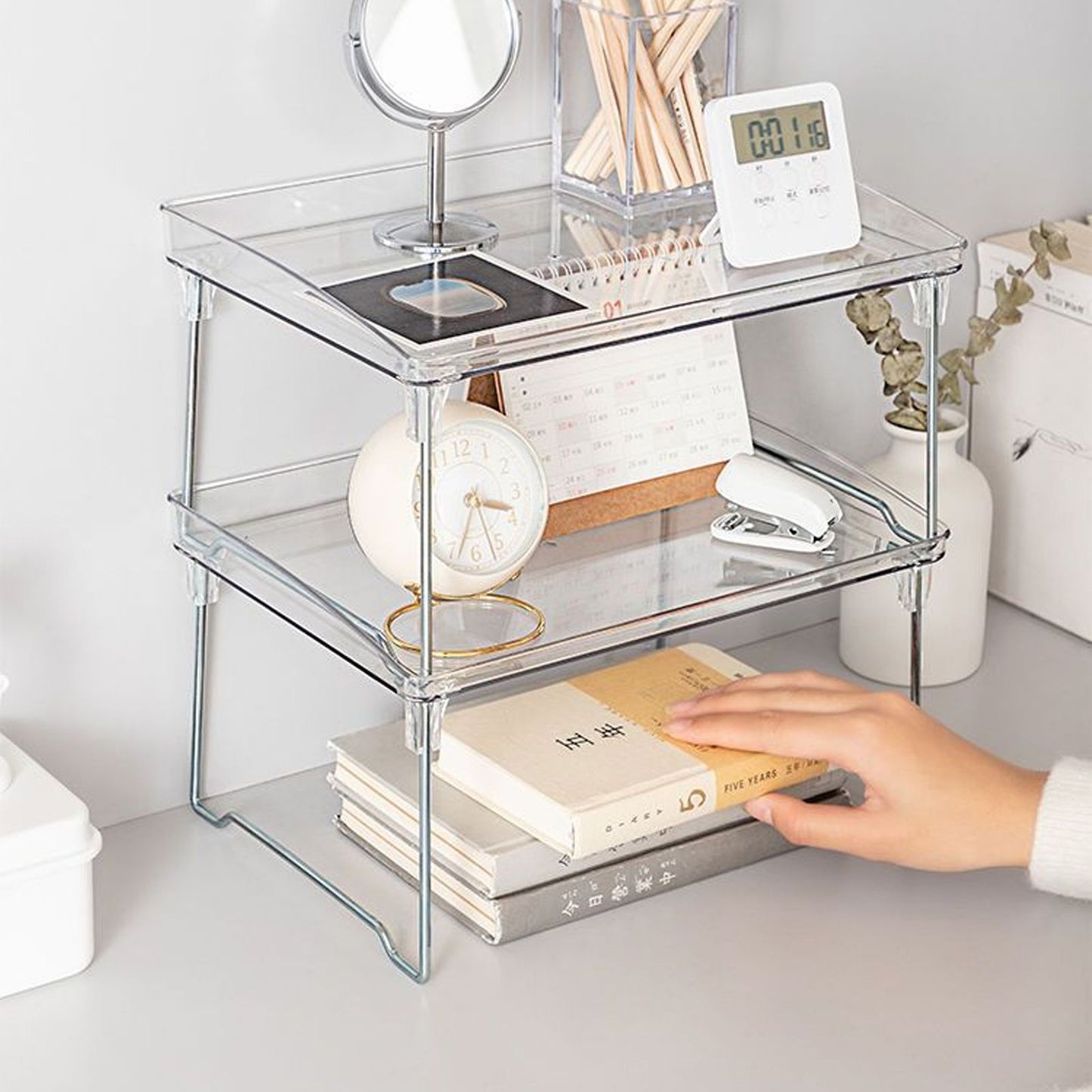 Stackable Clear Organizer Plastic Transparent Tabletop Storage Rack for Makeup Kitchen Tool Stationery One V1294-YM0521-3117230043811