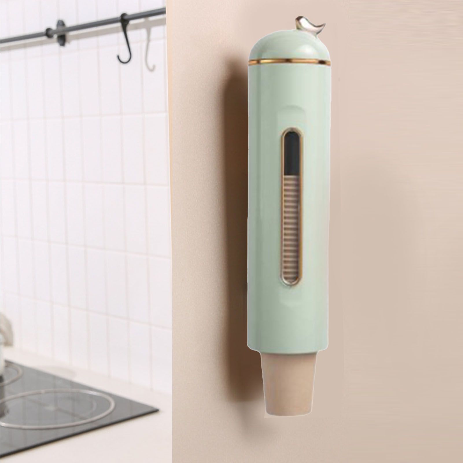 Disposable Paper Cup Organizer Large Capacity Automatic Wall Mounted Cup Dispenser for Home Office Green V1294-YM0521-3117230044812
