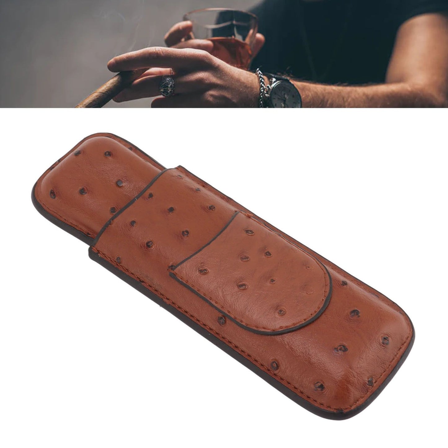 Cigar Case Holder PU Leather Brown 2 Finger Cigar Carrying Case with Front Pocket Portable for Anniversary V1294-YM0521-3117230050711