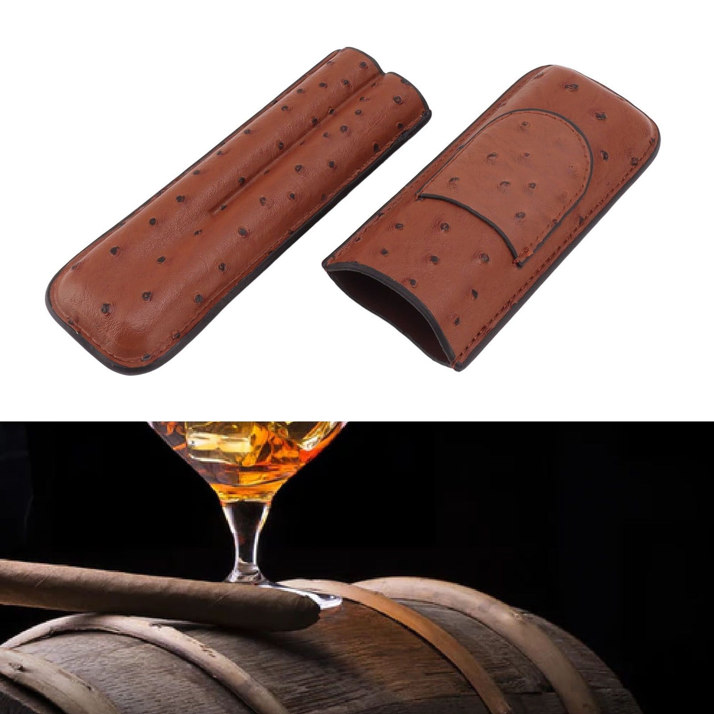 Cigar Case Holder PU Leather Brown 2 Finger Cigar Carrying Case with Front Pocket Portable for Anniversary V1294-YM0521-3117230050711