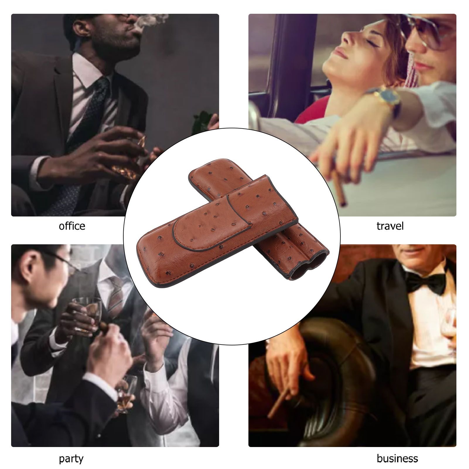 Cigar Case Holder PU Leather Brown 2 Finger Cigar Carrying Case with Front Pocket Portable for Anniversary V1294-YM0521-3117230050711
