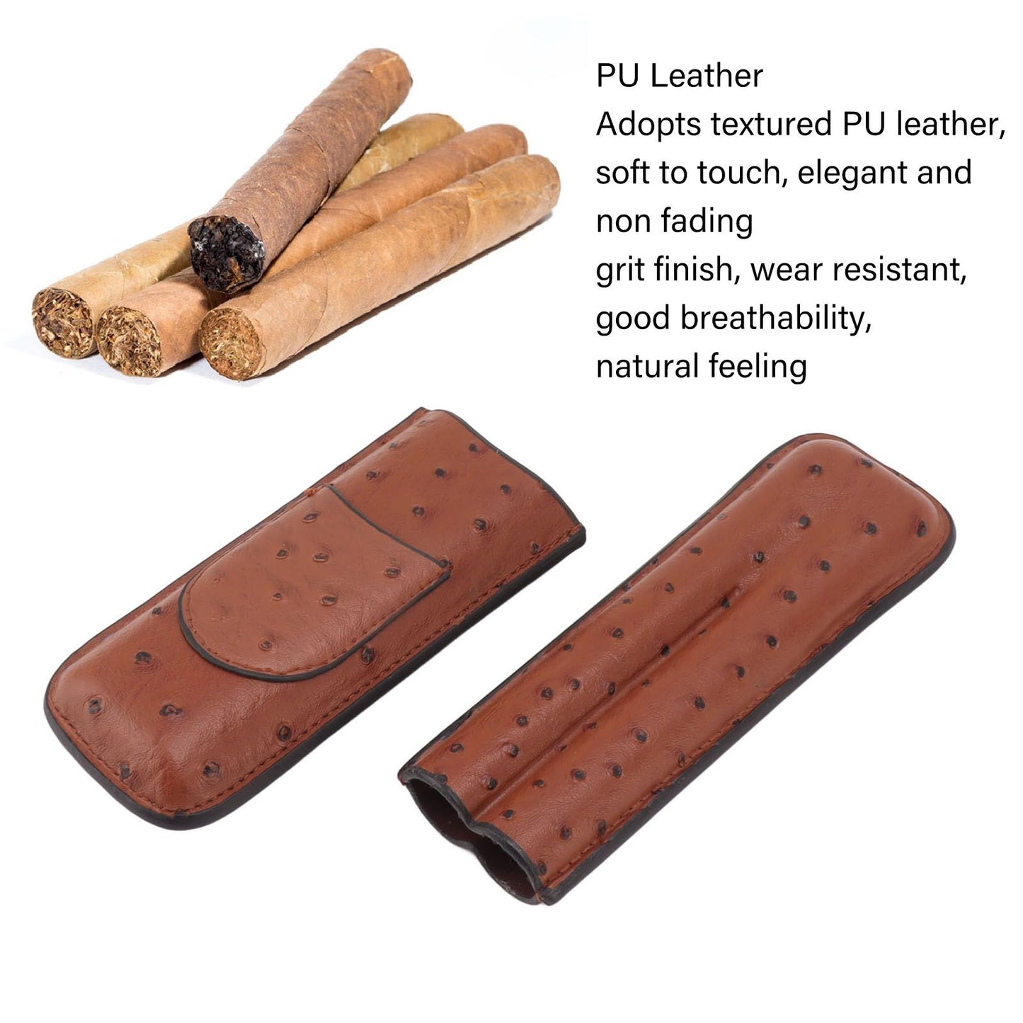 Cigar Case Holder PU Leather Brown 2 Finger Cigar Carrying Case with Front Pocket Portable for Anniversary V1294-YM0521-3117230050711